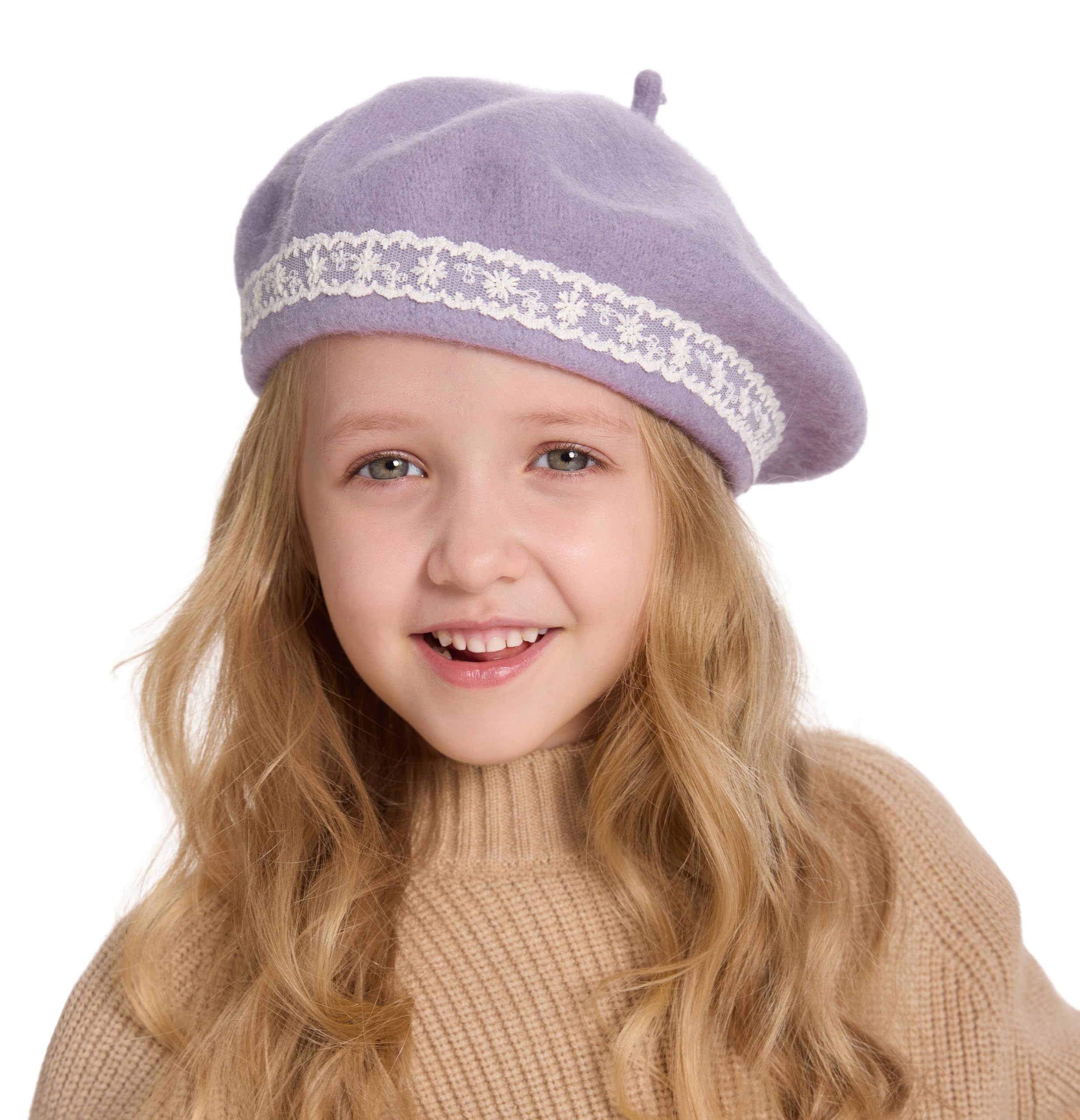 ZLYC Wool Kids Beret Hat Girls Solid Color Artist French Beret Cap(Lace Lavender),One Size