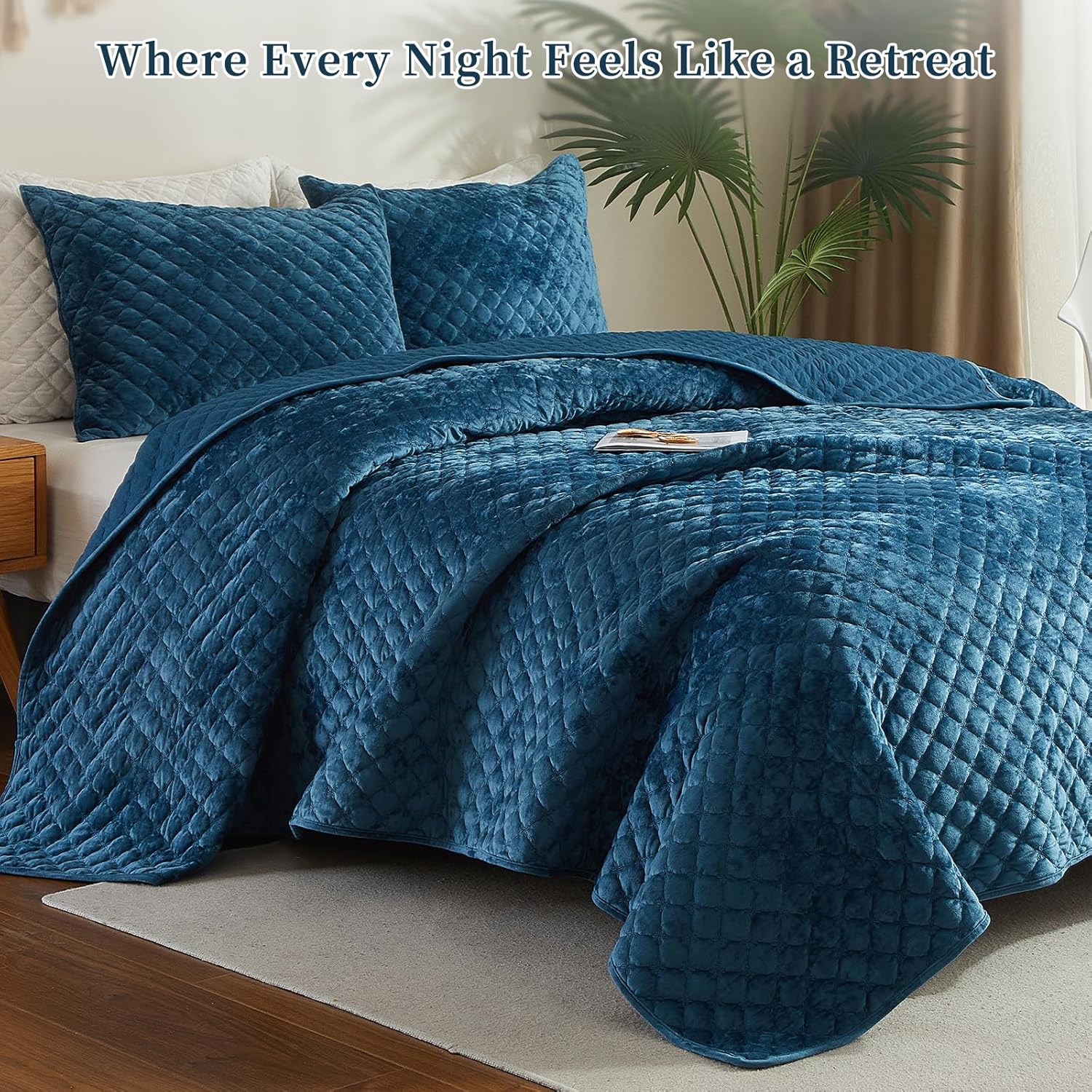 Velvet Quilt Queen Comforter Set - Luxury Soft Velvet Bedding Set for All Season, Bedspreads Queen Size Lightweight Quilt with 2 Pillow Shams, Teal Blue, Diamond - Image 4