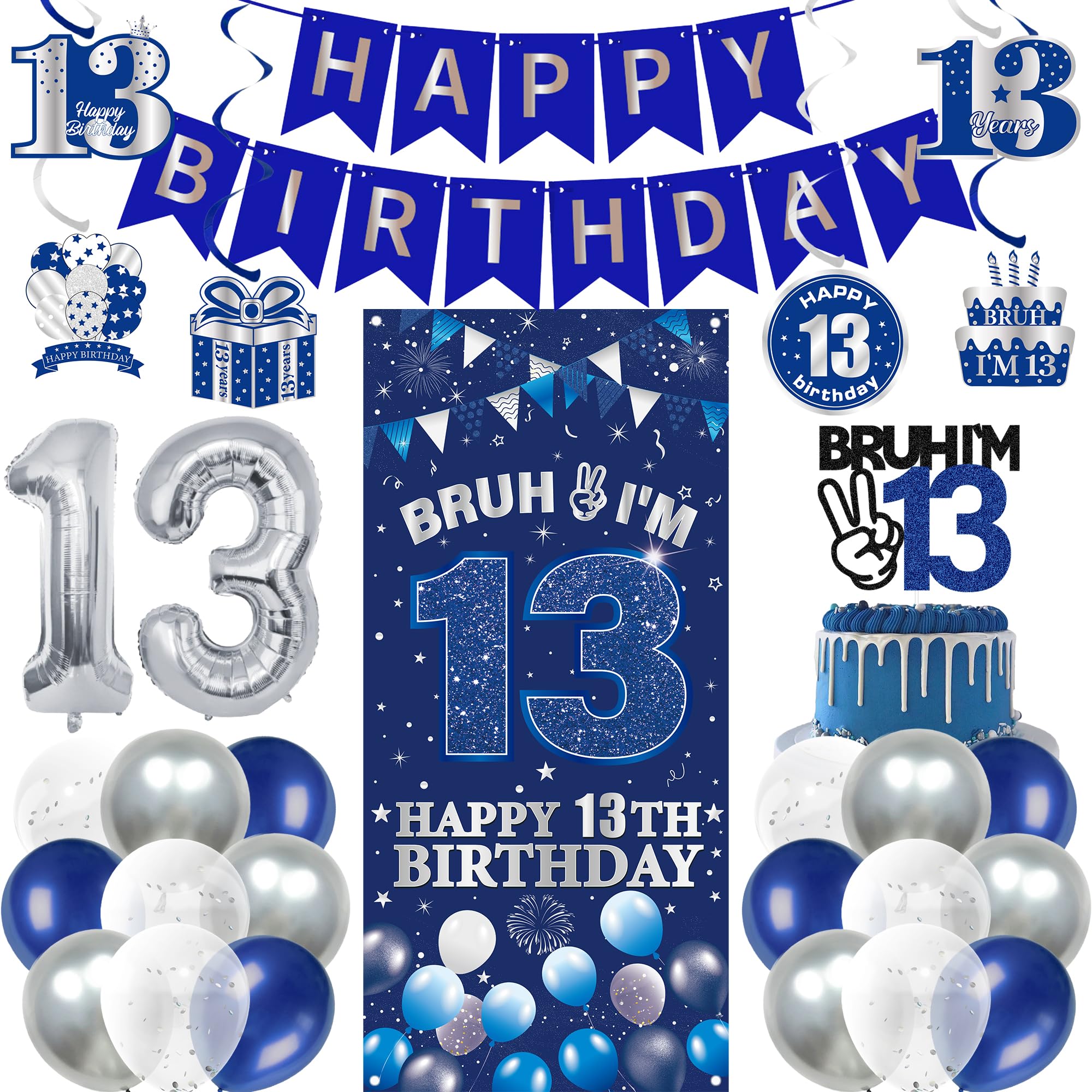13th Birthday Decorations Banner Boys - 36 Pcs Blue Silver Banner Happy Birthday Backdrop Hanging Swirls Cake Topper Balloons for Boy Teenager 13 Year Old Party Supplies