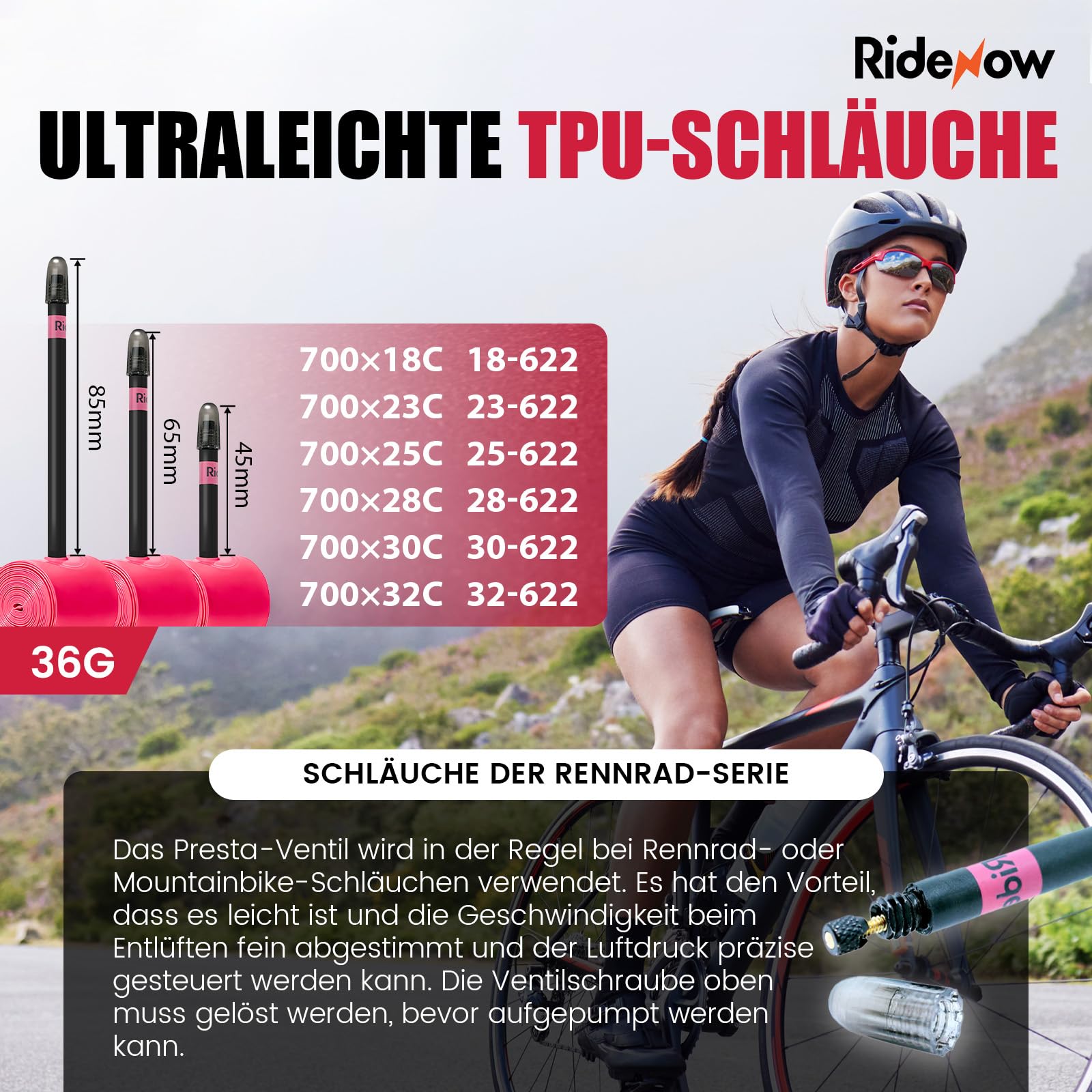RideNow TPU Schlauch Rennrad Kompatibel mit 700x18-28C, 700x18-32C, 700x28-38C, 2 Pack 700C Ultraleichter Fahrradschlauch mit Presta Ventil 45/65/85mm, 19g/24g/36g/39g