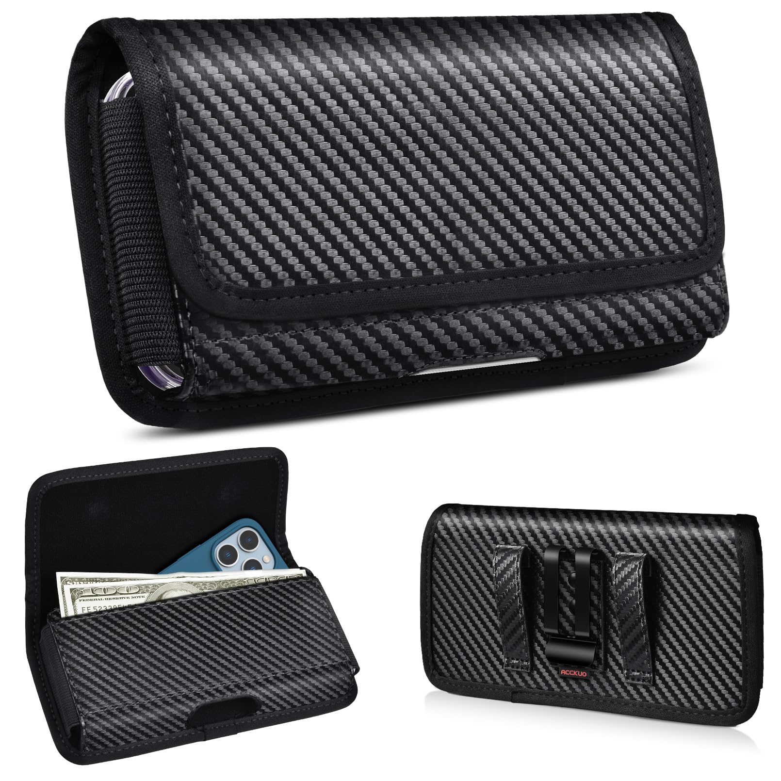 ACCKUOPhone Holster Men with Belt Clip and Card Holder Compatible with iPhone SE (2022/2020), 13/12 Mini, 7, 8, Galaxy S10e, Carbon Fiber Black, S