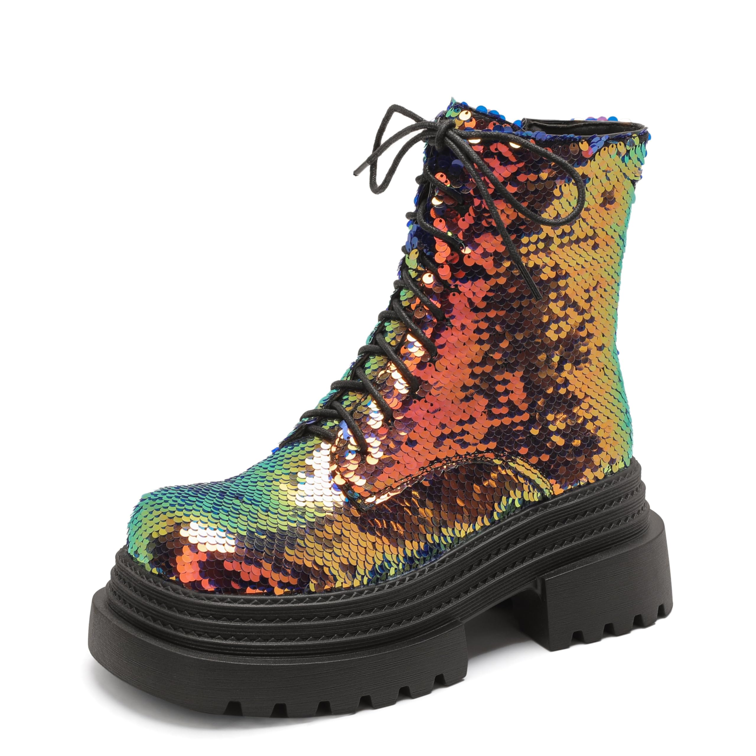 Elbslutt Womens Sparkly Combat Boots Platform Lace Up Glitter Sequin Ankle Boots Square Toe Chunky Low Heel Short