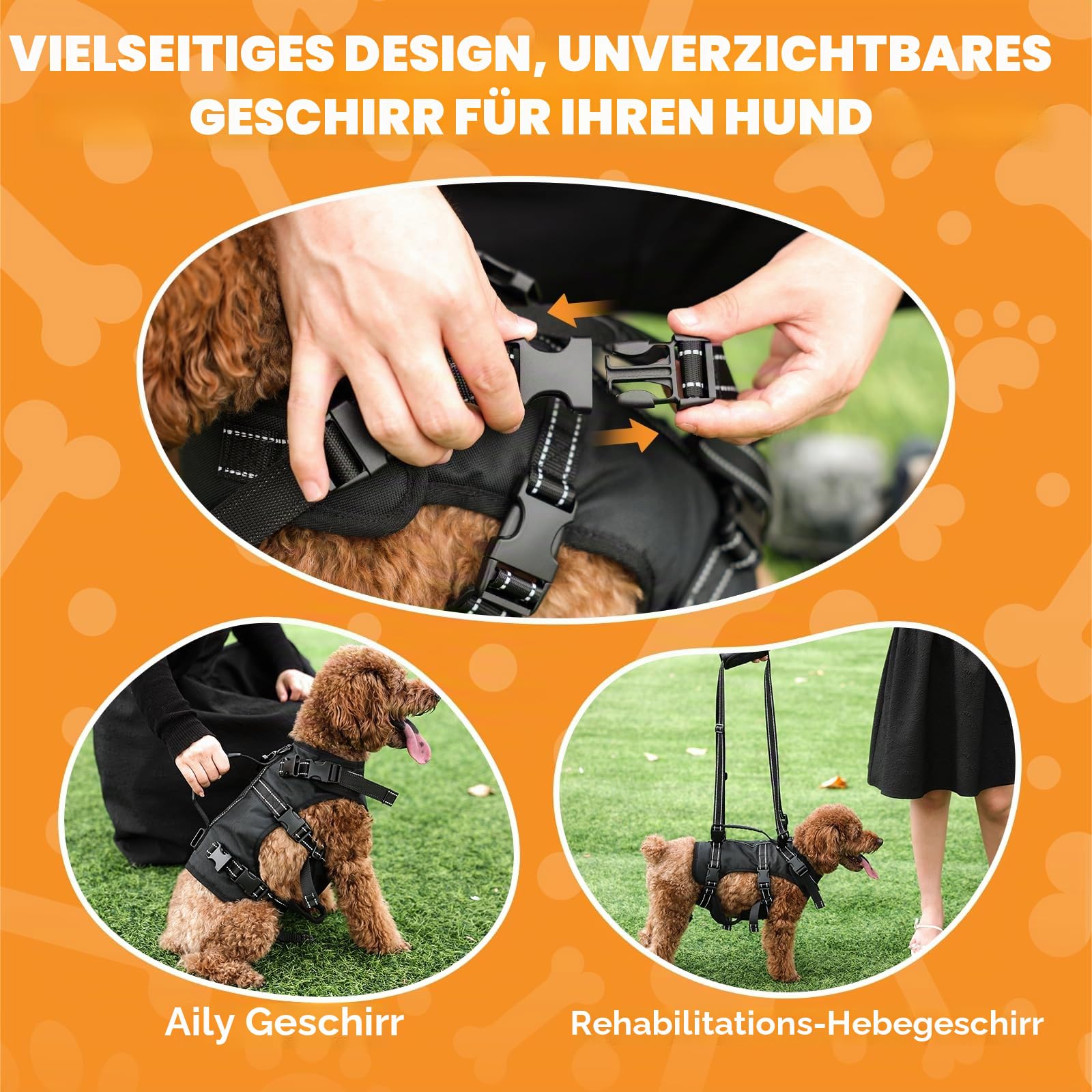 BENCMATE 2-in-1 Hundegeschirr abnehmbare Hebeschlinge Hebegeschirr alte Hunde Reha OP verstellbares Brustgeschirr große Hunde bis 45 kg atmungsaktiv reflektierende Nähte Schwarz XL