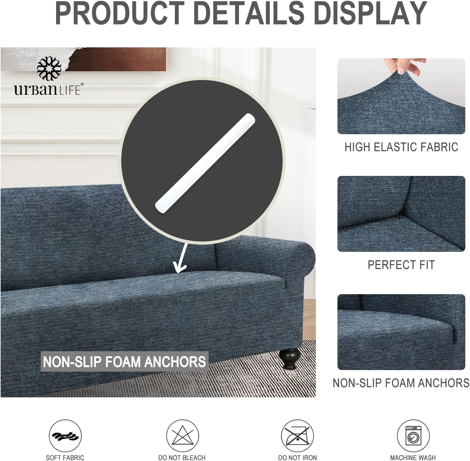 URBANLIFE 1-Piece Stretch Sofa Covers for 3 Cushion Couch, Dusk Blue Gray