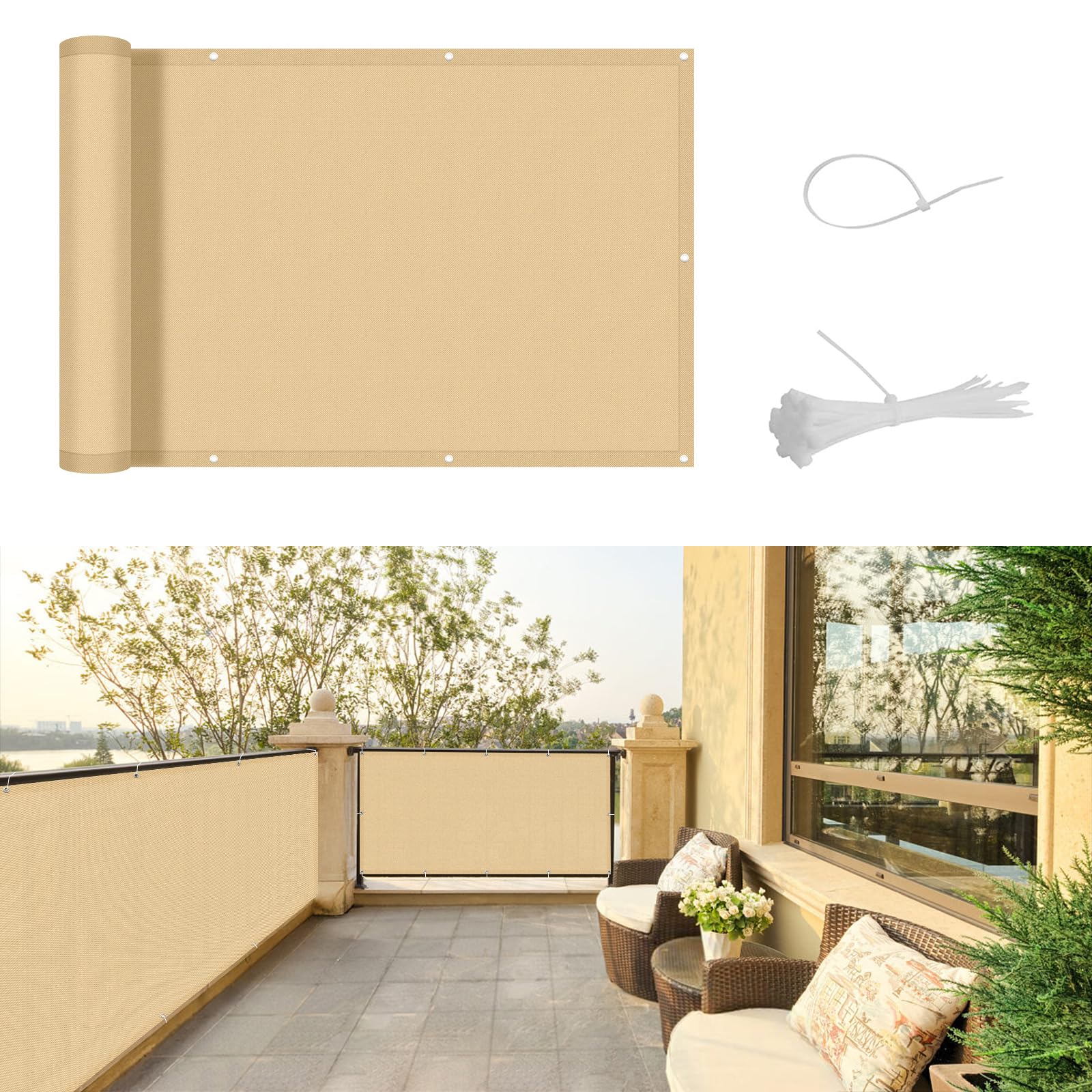 SUNNY GUARD Balcony Privacy Screen 90x200cm Fence Screen for Balcony and Patio Cover,UV protection waterproof and windproof,with Cable Ties,Sand