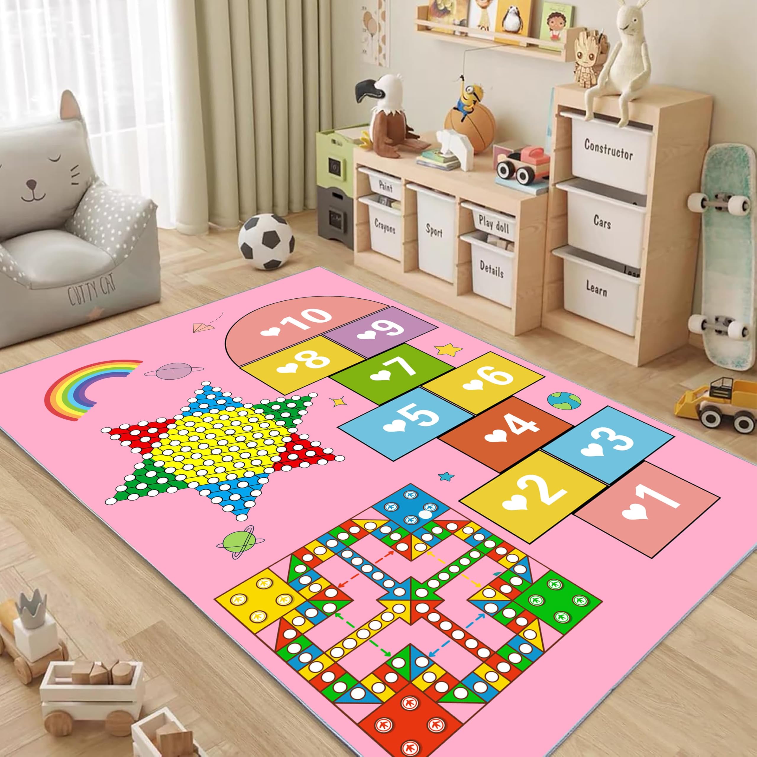 ZCLRUG Kids Play Educational Area Rug 120 x 180 cm, number Hopscotch Checkerboard Play Rug, Soft Low Pile Non Slip Cartoon style Colorful Floor mat for Playroom Nursery Kindergarten pink Carpet