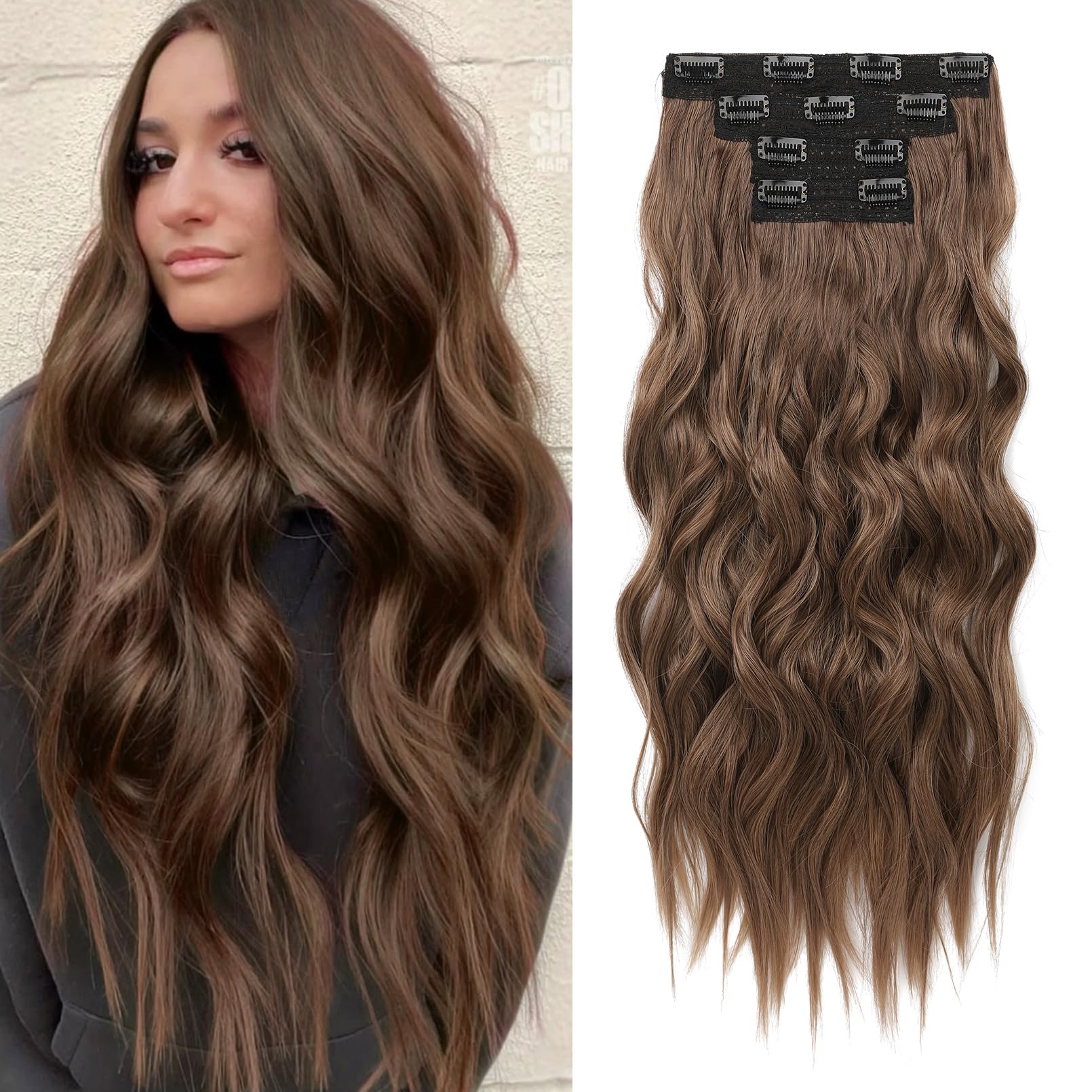 REECHO Clip in Hair Extensions, 4PCS Hair Extensions 24" Thick Long Beach Waves hair extensions HE003 Invisible Lace Weft Natural Soft Hairpieces for