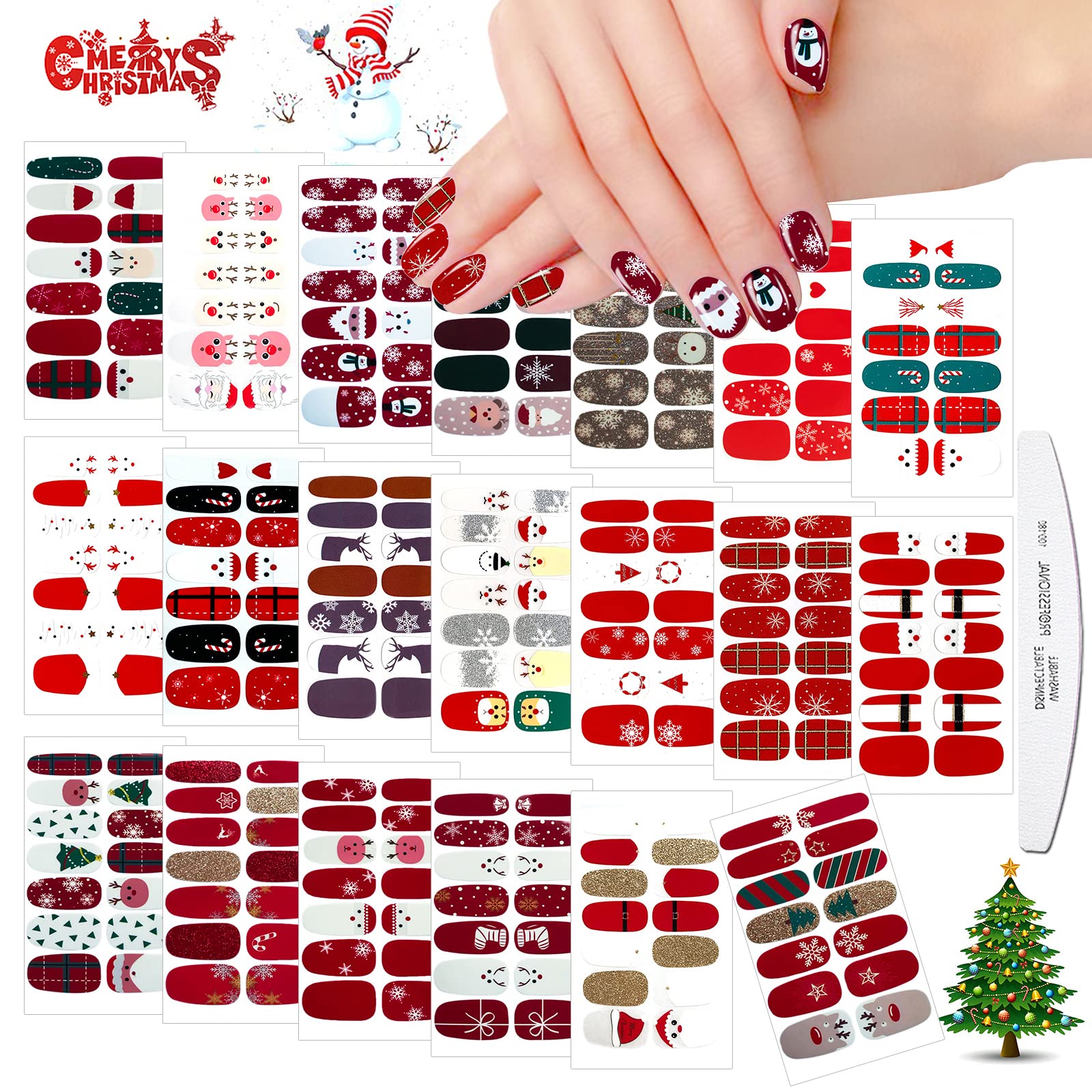 JERCLITY 280 Pieces 20 Sheets Christmas Nail Polish Strips Full Nail Wraps for Women Christmas Nail Art Self-Adhesive Press On Nail Strips Christmas Nail Wraps with Nail File