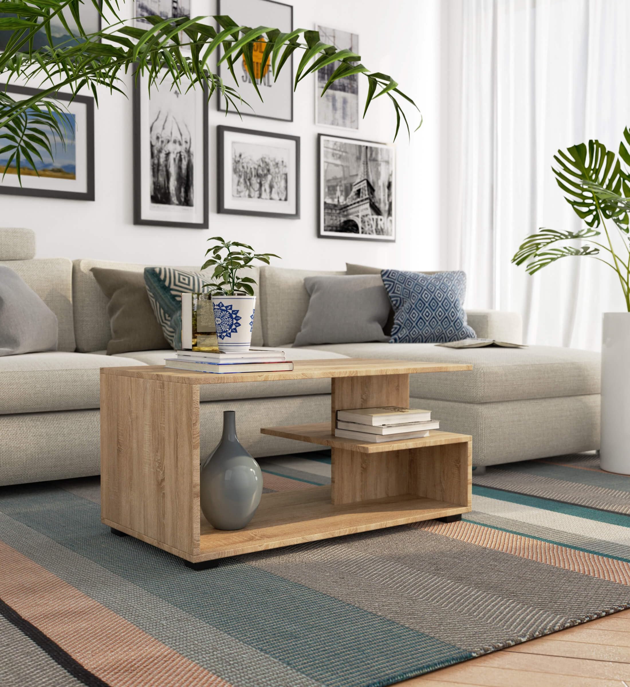 Mesa de café de madera | Mesa de centro moderna | Cómoda para la sala de estar | Decoración del hogar | Mesas de 3 niveles | Tablero laminado de aglomerado de 16 mm | 90 x 45 x 51 cm | Roble Sonoma