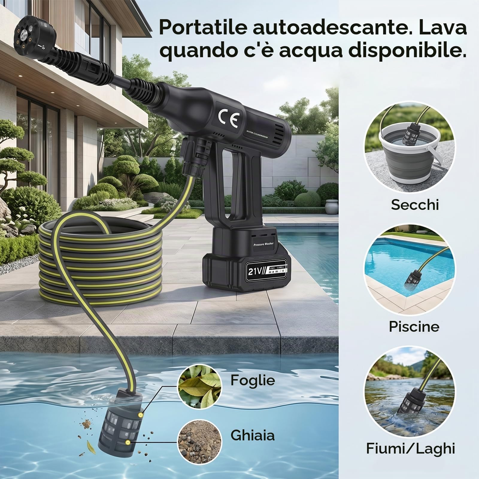 Idropulitrice a Batteria 120 Bar, Brushless 1500W, 2x Batterie 4,0Ah | 4 Livelli di Pressione e Touch LCD, 600L/h, Ugello 6 in 1 e Tubo da 5 M, per Auto, Giardino - Nero