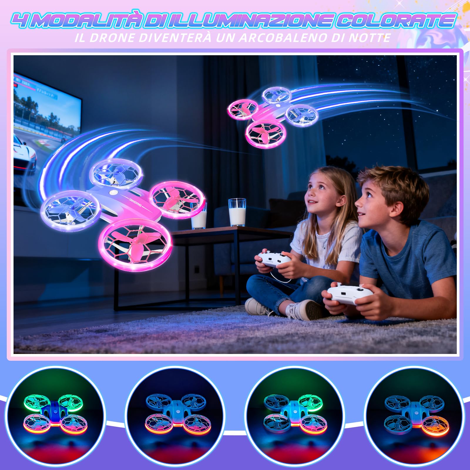 Charmofun Mini Drone Giocattolo per Bambini, Drone Telecomandato con 4 Effetti Luci Led, Droni per Principianti con Capriole a 360°, 3 Batterie, Regali per Bambini e Bambine 6 7 8 9 10+ Anni