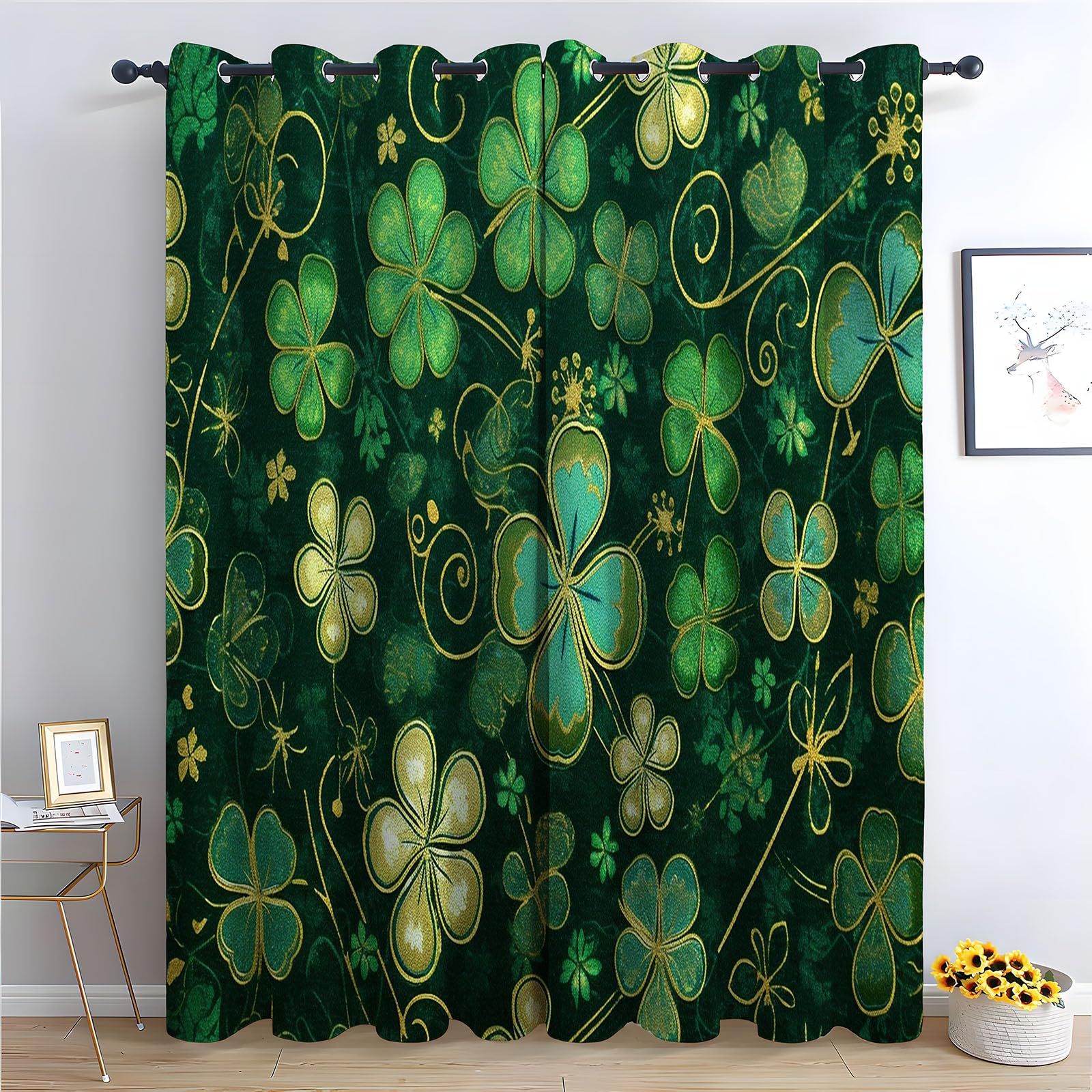 TERUEA Blackout Fabric Window Drapes for Living Room Bedroom Luxury golden outlined four leaf clover elegant vintage Curtains for Living Room-52 W x 120" L (Pack of 2)