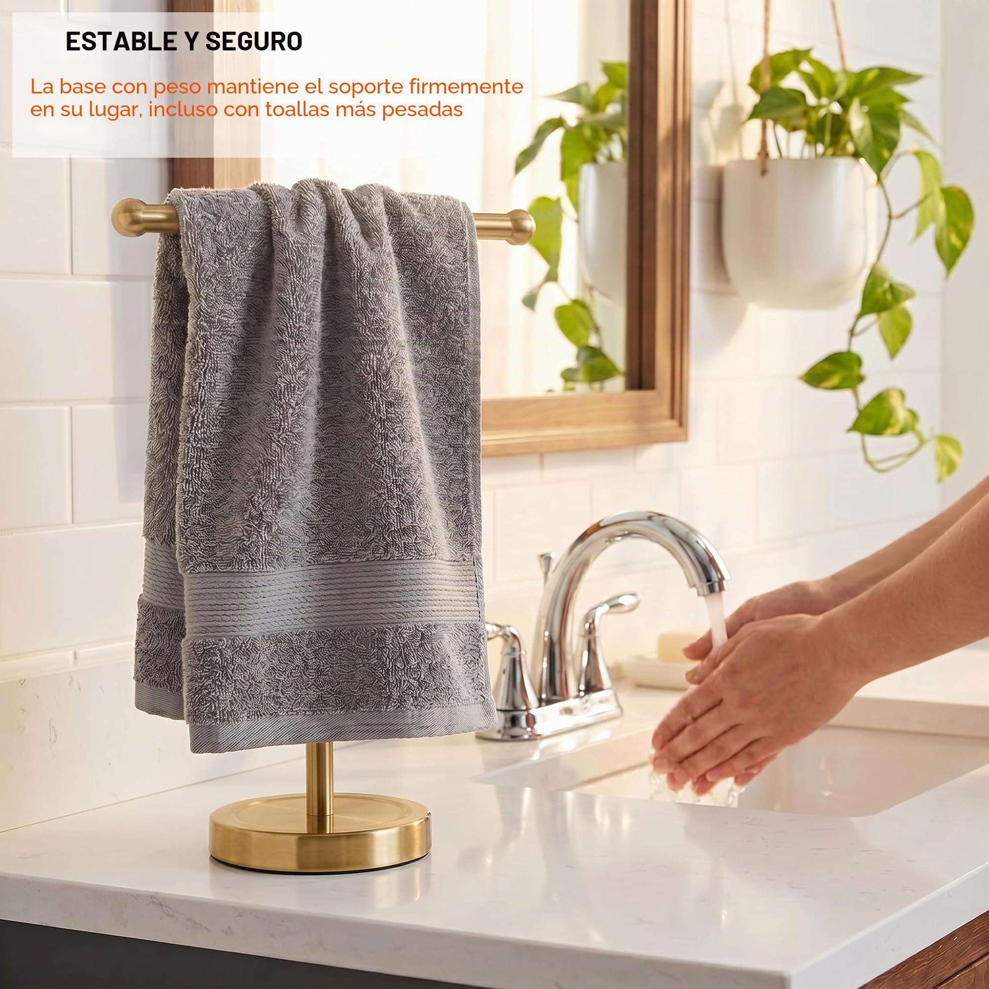 Soporte Dorado para Toallas de Mano con Base de Acero Inoxidable Pesado, toallero en Forma de T, Soporte de Toalla Independiente para encimera de baño (Oro Cepillado)