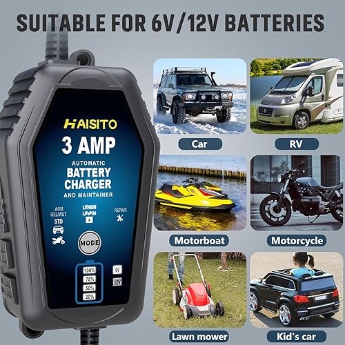 Miniatura 7 de Cargador de batería de plomo Lifepo4 de litio de 6 V y 12 V, mantenedor de cargador de batería completamente automático inteligente de 3 amperios,