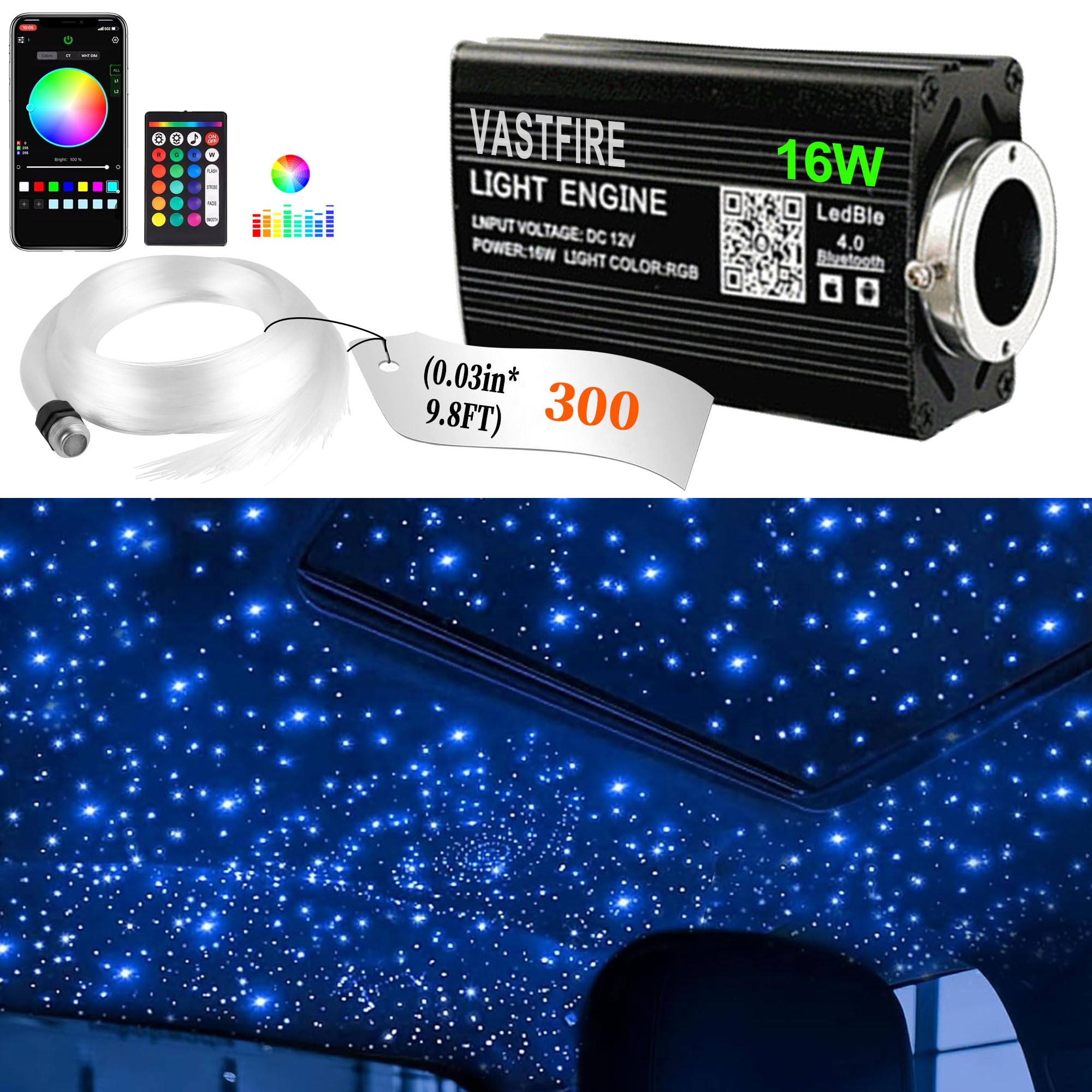 Starlight Headliner Kit 16W Star Lights for Truck and car 0.03in × 9.8ft Fiber Optic Strands