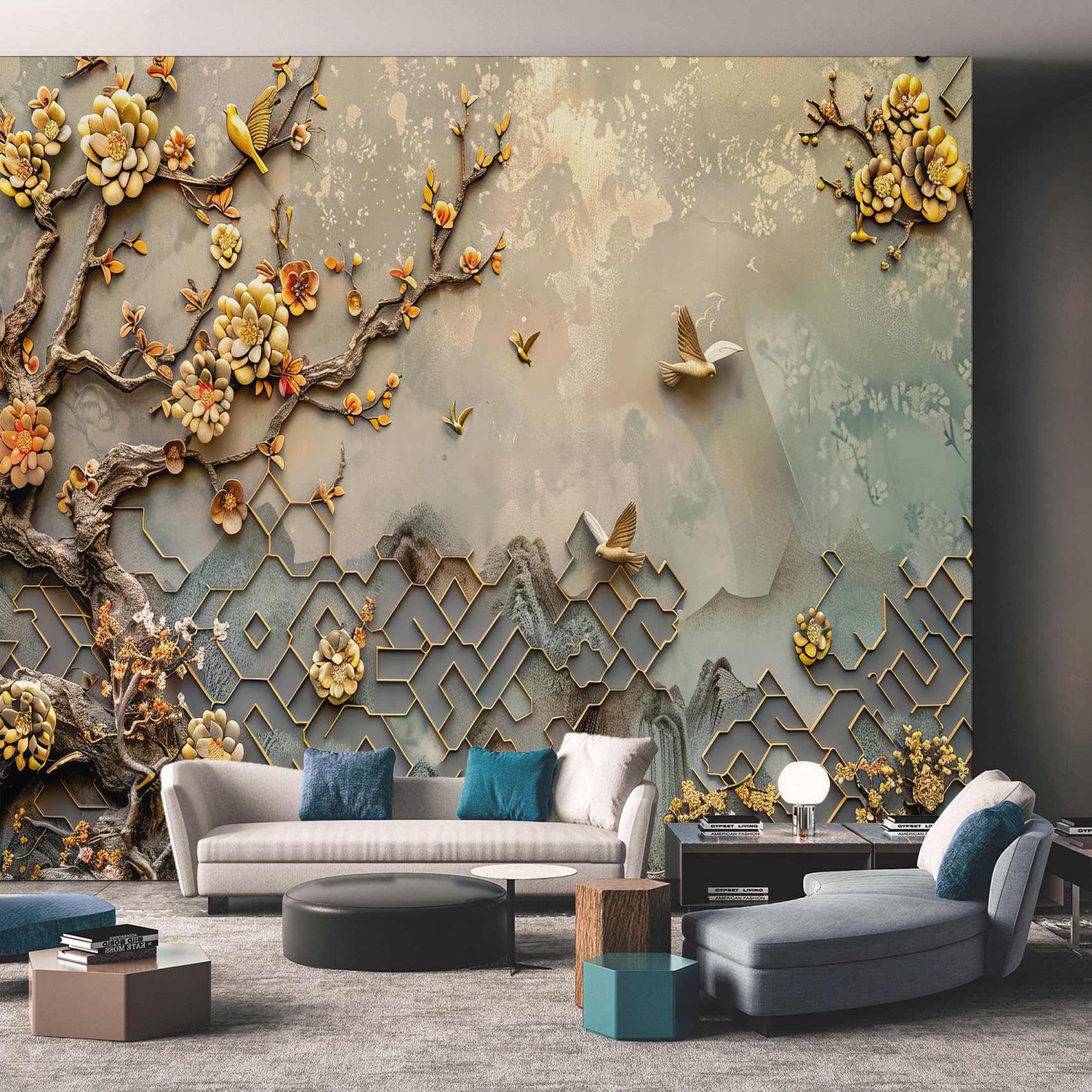 Generic 3D Floral Tree Bird Peel and Stick Wall Mural, Relief Embossed Modern Self Adhesive Wallpaper 173