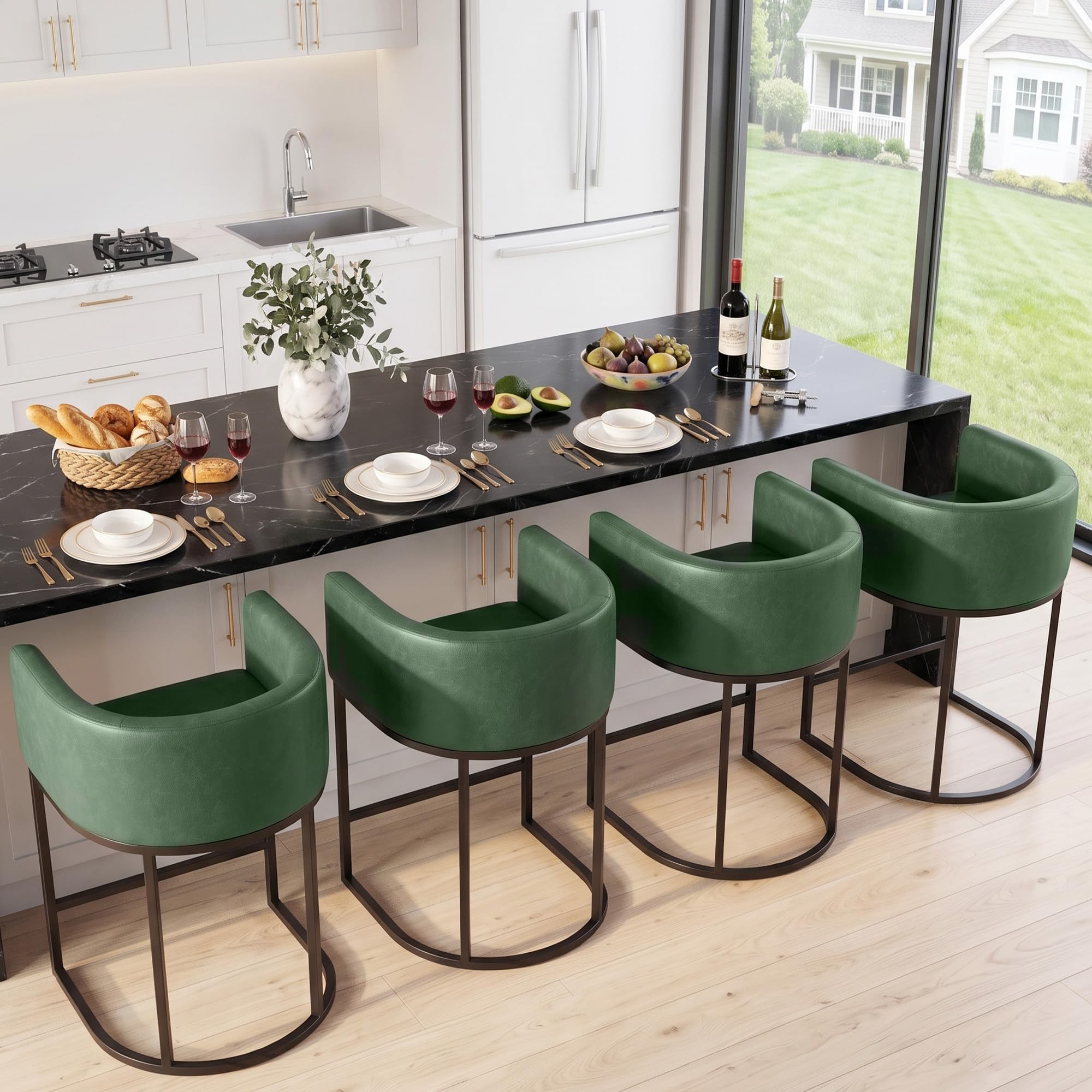 Counter Height Bar Stools Set of 4, Modern Counter Stools for Dining Room, 24 Inch Barstools for Kitchen Island, Faux Leather Bar Stool with Metal Legs and Back Footrest, Green