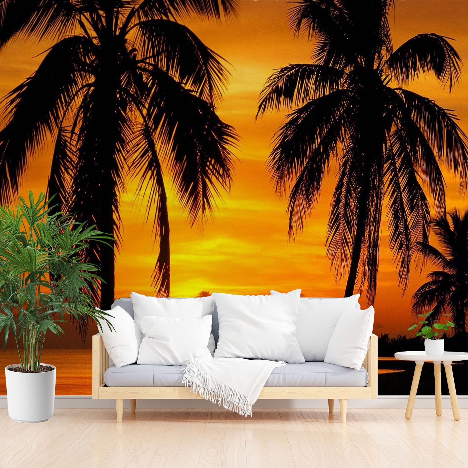 Papier peint arbre palmier autocollant pour masquer les défauts des murs et rénover un salon