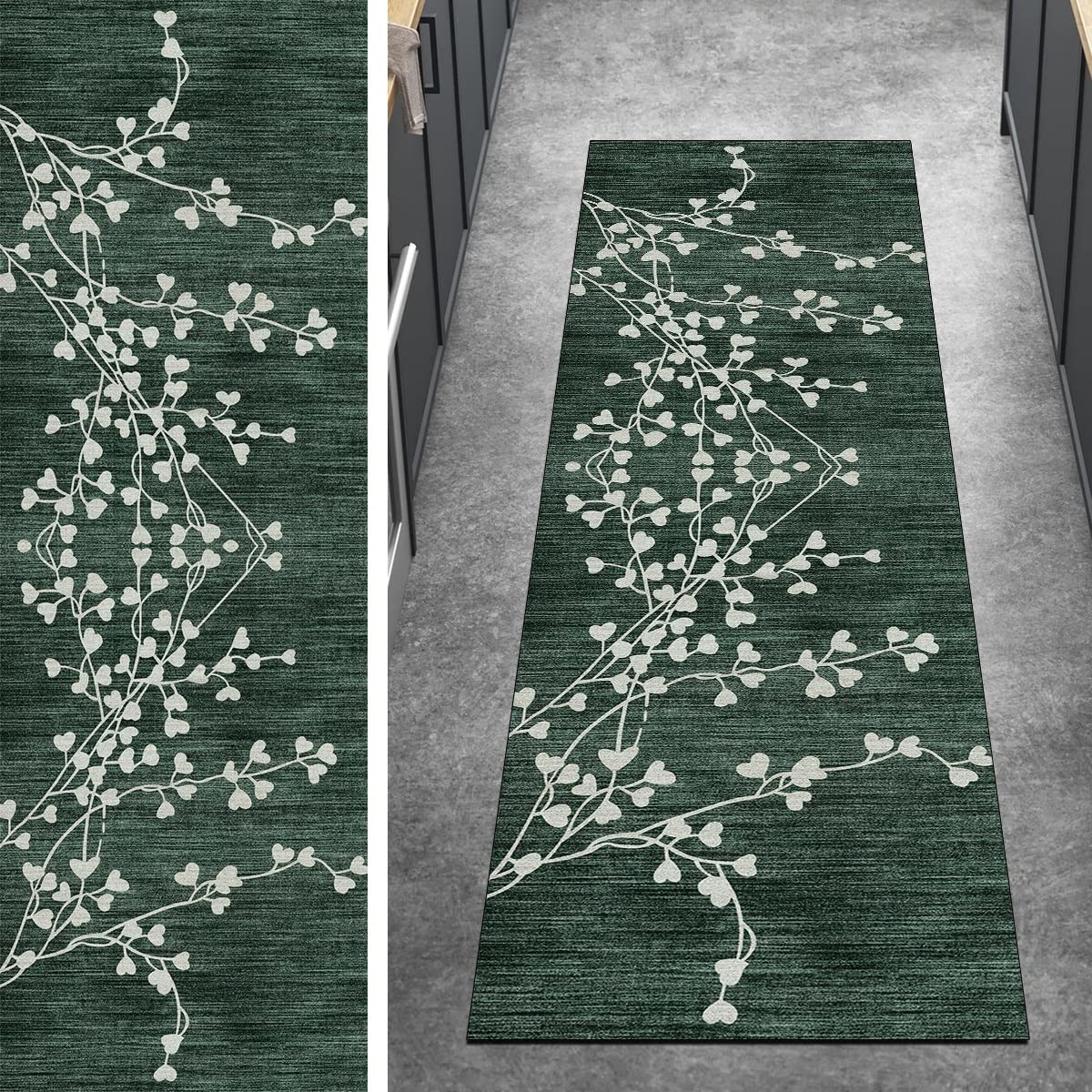 Tapis de couloir antidérapant vert foncé vintage lavable en machine taille sur mesure