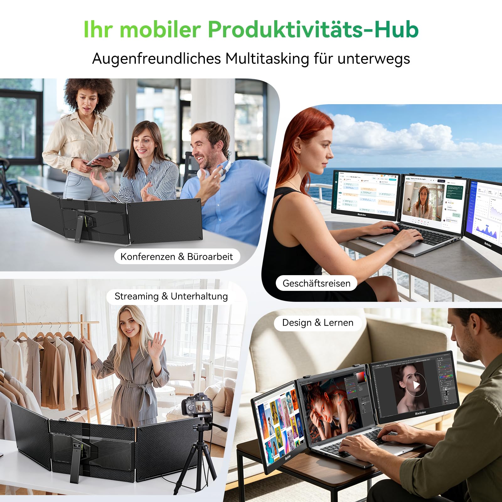 Blackview Laptop Monitor Erweiterung 14", Niedriges Blaulicht 1080P FHD HDMI/USB-A/USB C/100W PD-Rückwärtsladung Portable Monitor für Laptop 13,3"-17,3"/Smartphone/PC/Mac/PS5/Xbox