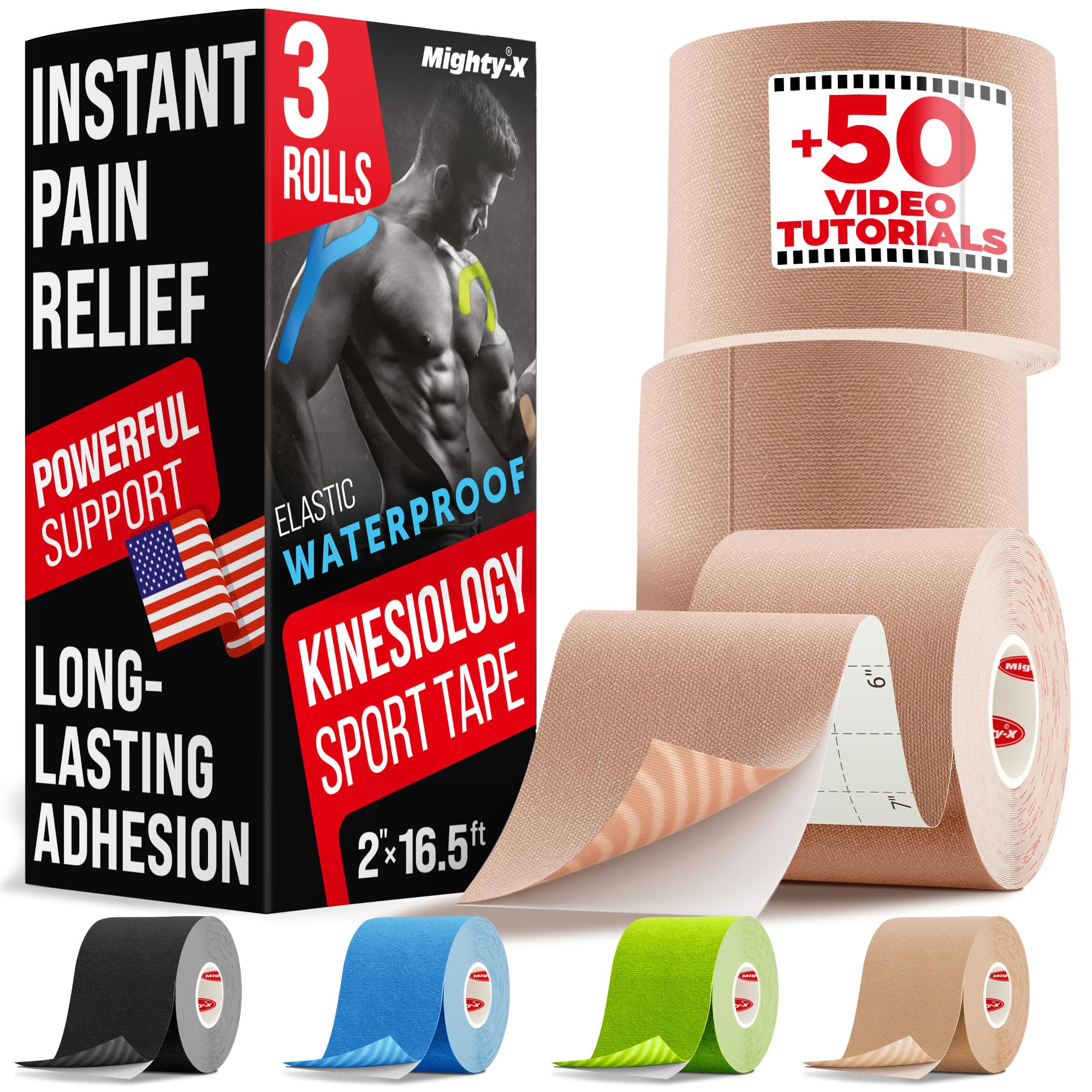 Waterproof Kinesiology Tape - [3 Rolls] - Kinetic Tape - Joints Support & Muscle Pain Relief - 16.4 ft Uncut Knee Tape + 50 Videos - Beige Muscle Tape