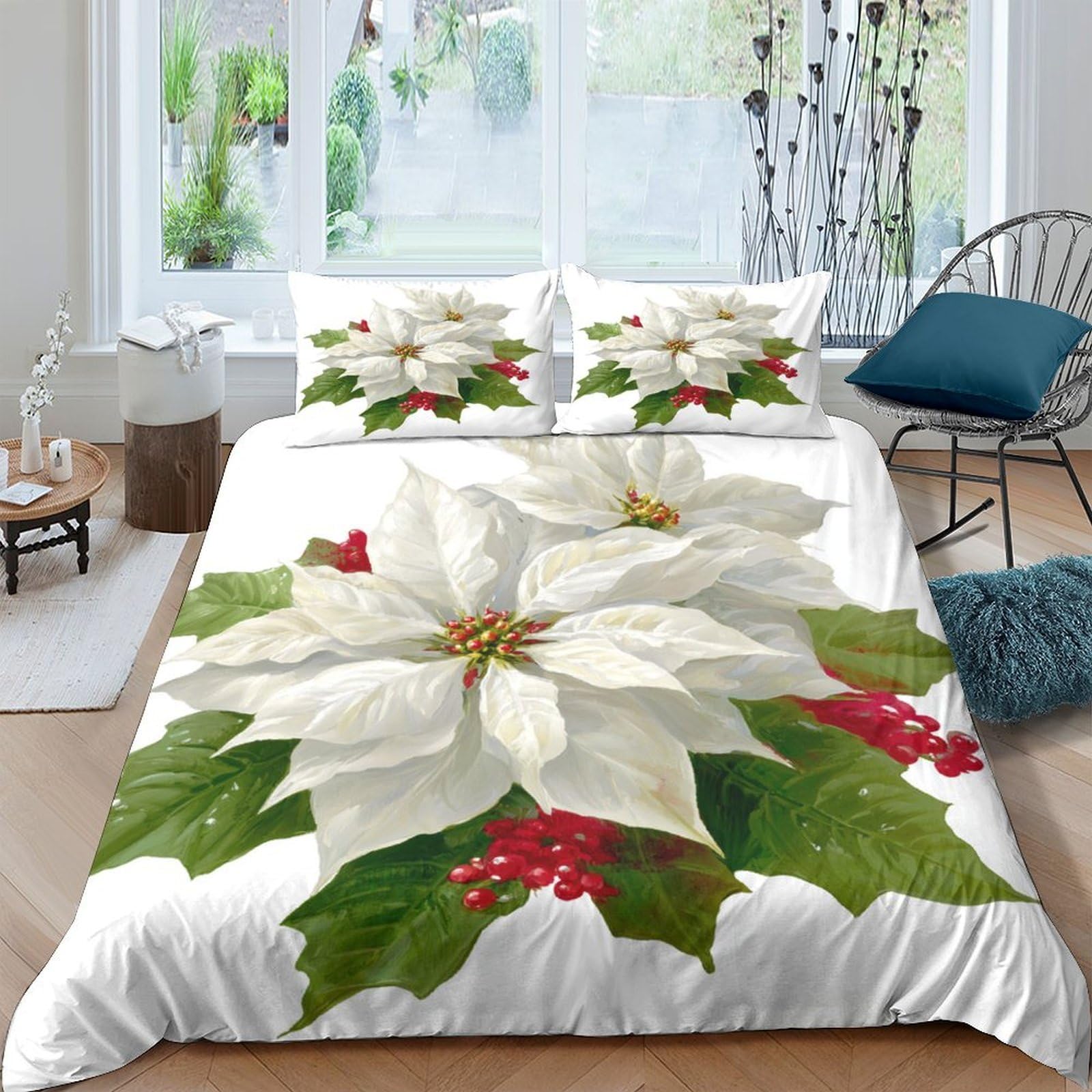 Ctjqhvkz Style-5 3D Printed White Poinsettia Fitted Sheet Microfiber Soft Floral Christmas Bed Cover For Bedroom Guest Room Decor Single（135X200cm）