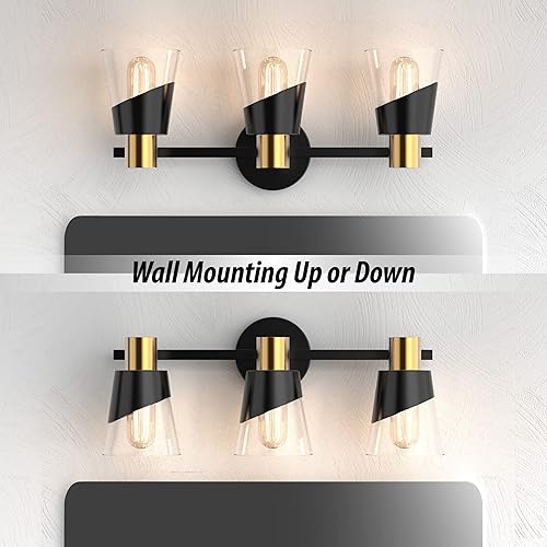 Miniatura 7 de URSOLA Lámpara de tocador de baño, 3 luces de baño sobre espejo, accesorios de iluminación de baño de 20.47 pulgadas, diseño negro y dorado con