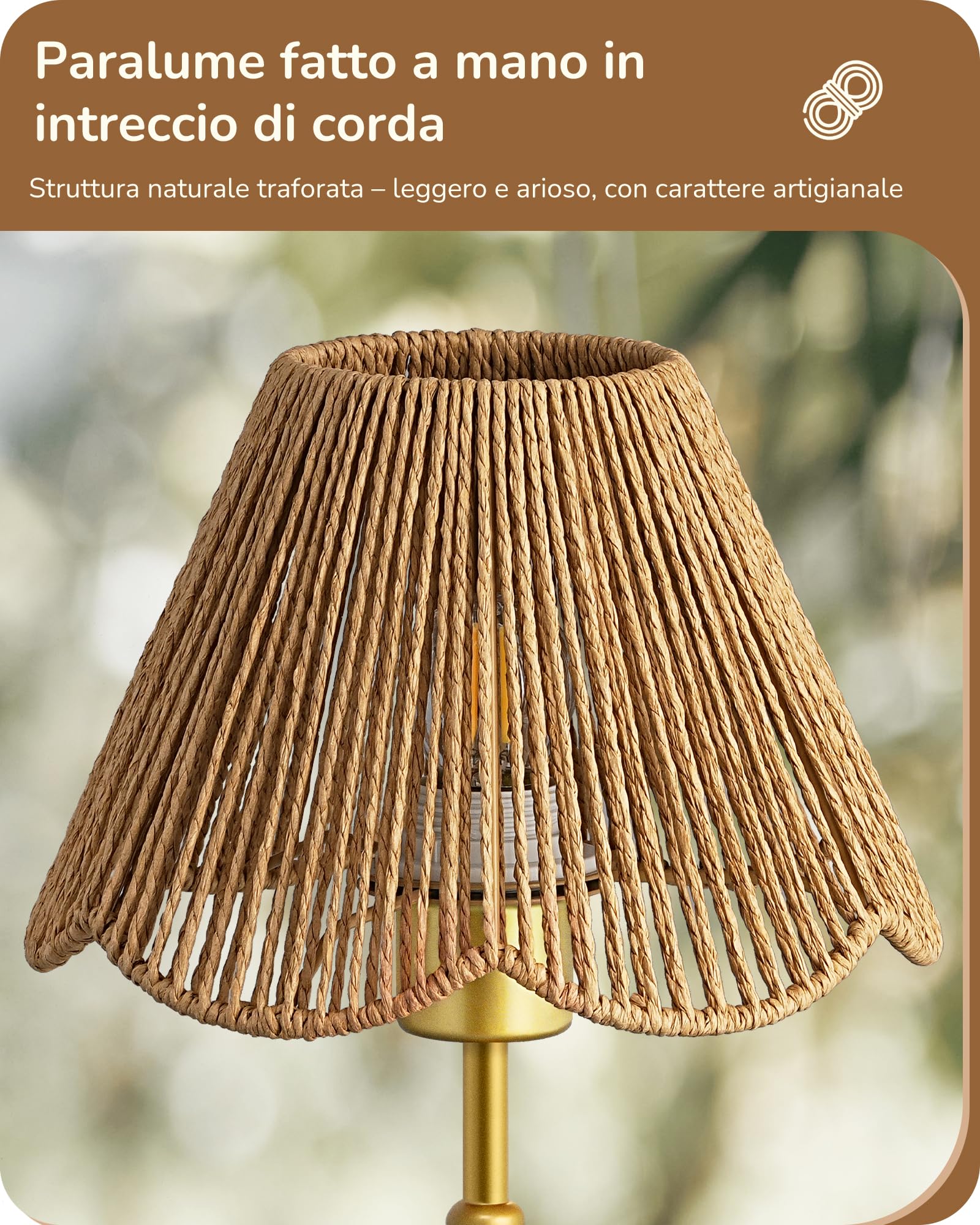 EDISHINE Lampada Tavolo E27, Paralume Corda Carta, Base Metallo Dorata | Bianco Caldo 2700 K, Paralume in Corda Carta Intrecciata a Mano, Lampadina LED Inclusa, Decorativo per Camera, Soggiorno