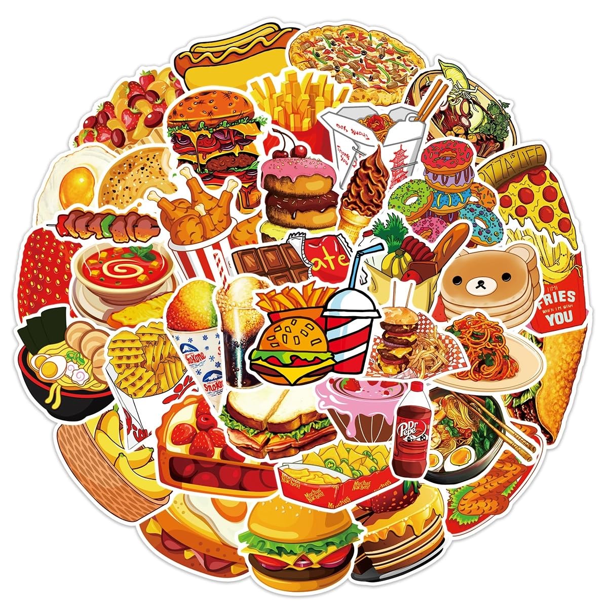 Luzhans 50pcs Cute Food Stickers: Fast Food, Hamburger, Chips, Vinyl, Waterproof, Outdoor, Scrapbook, Laptop, Skateboard โ image 1