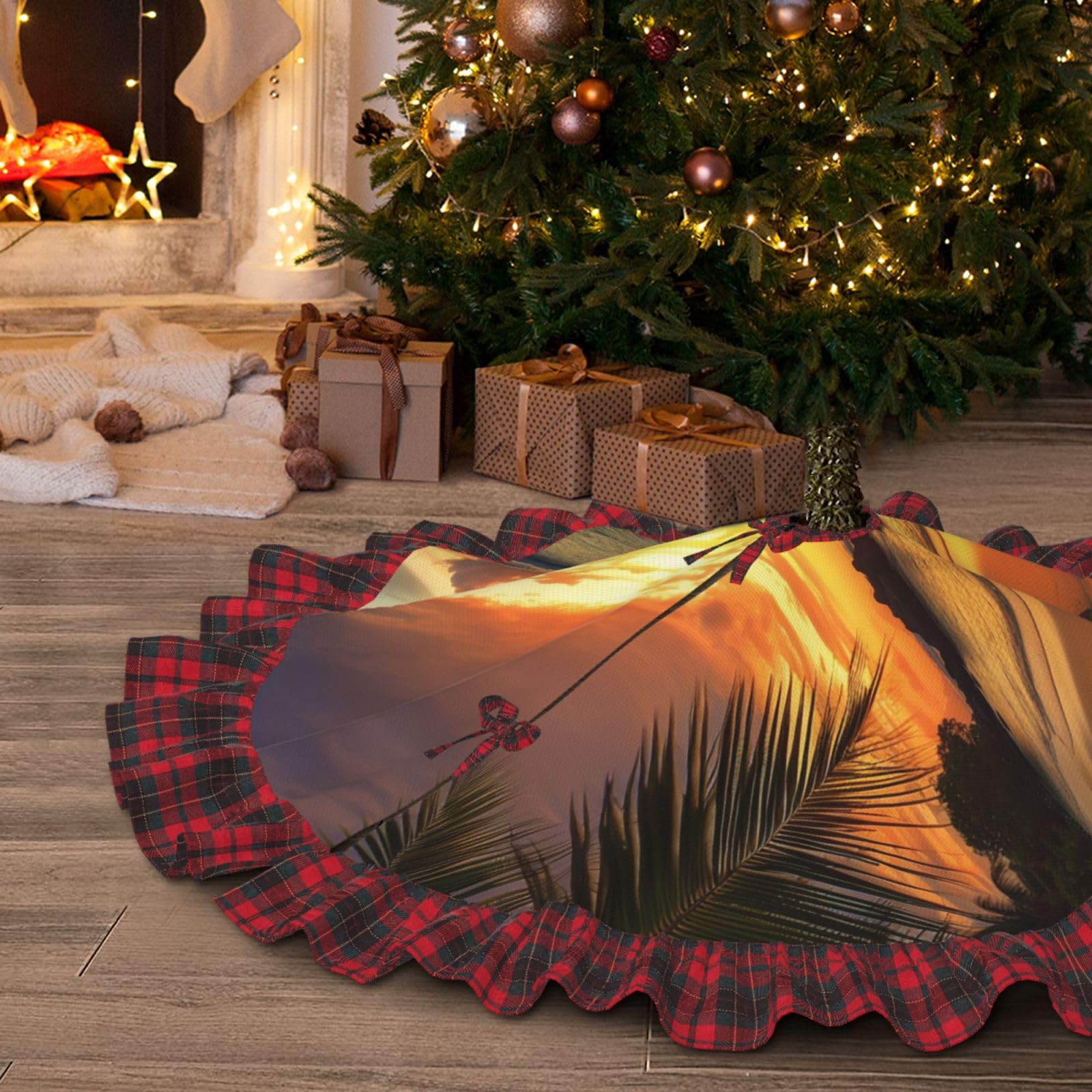 Jupe de sapin de Noël 76 cm motif plage tropicale et coucher de soleil pour décor de fête