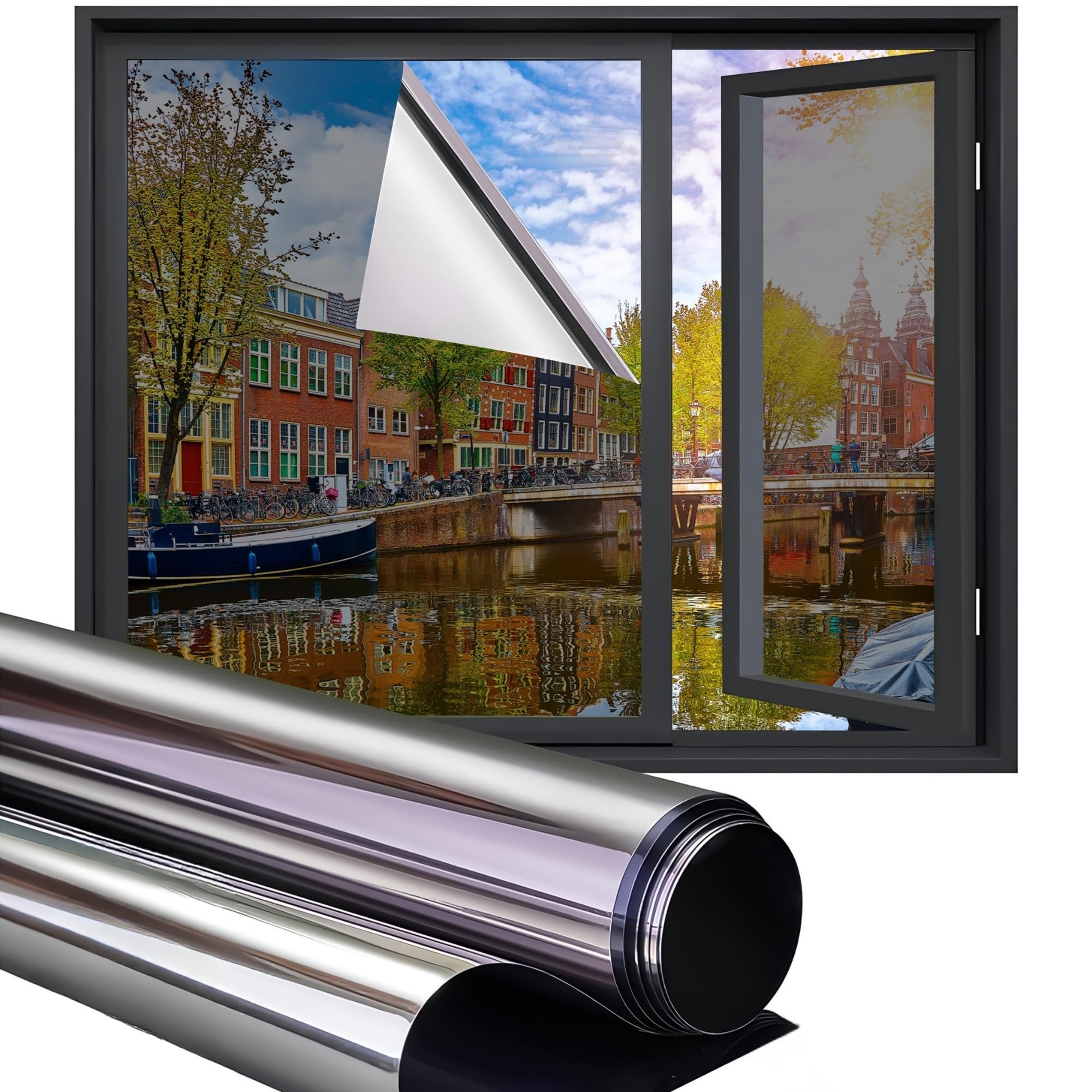 Homewell Silver Mirror Window Film roll with squeegee and a window view