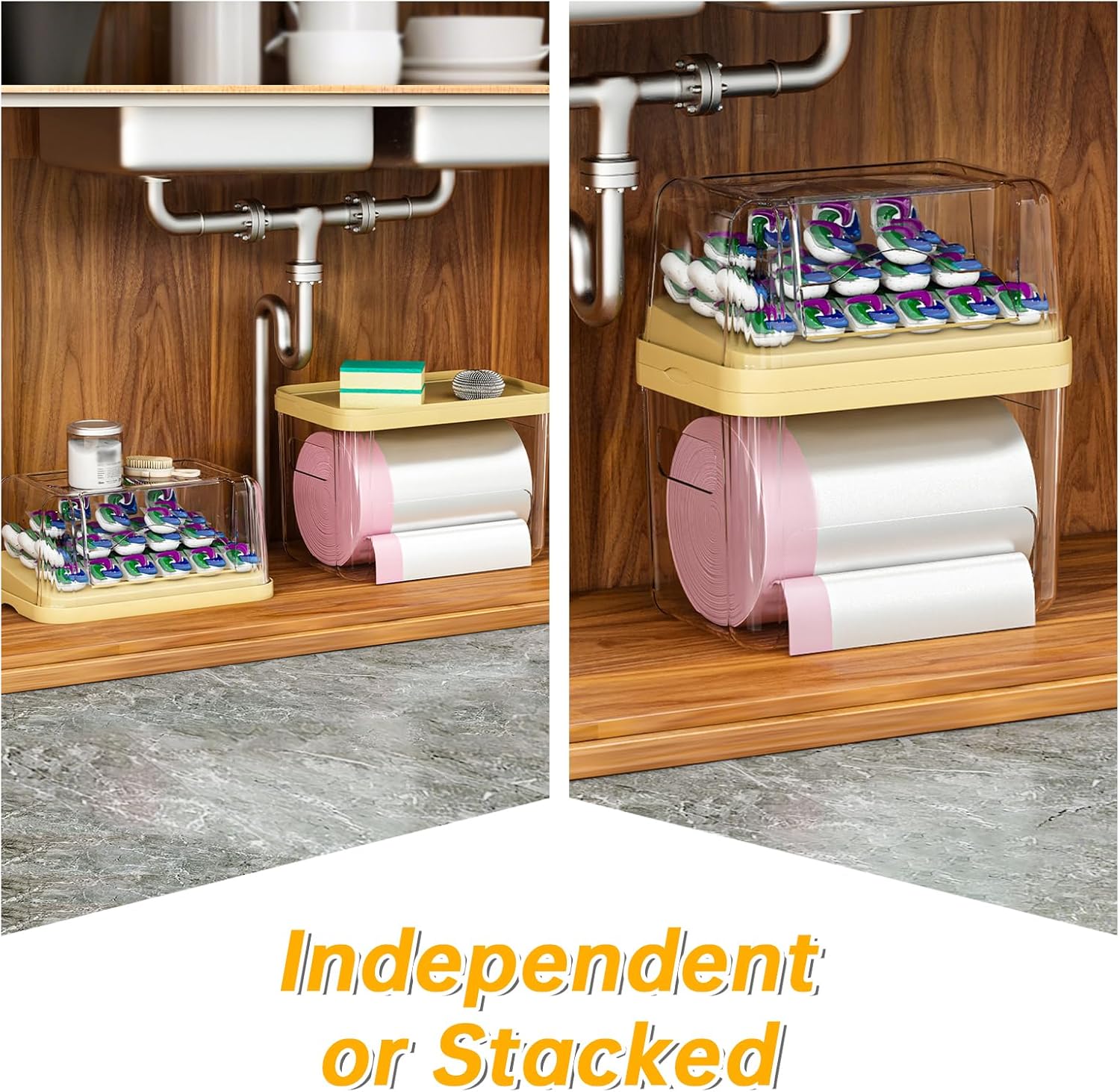 2-in-1 Trash Bag Dispenser & Laundry/Dishwasher Pods Container, Clear Acrylic Garbage Bag Organizer with Removable Lids, Under Sink Kitchen Storage Box - Image 3