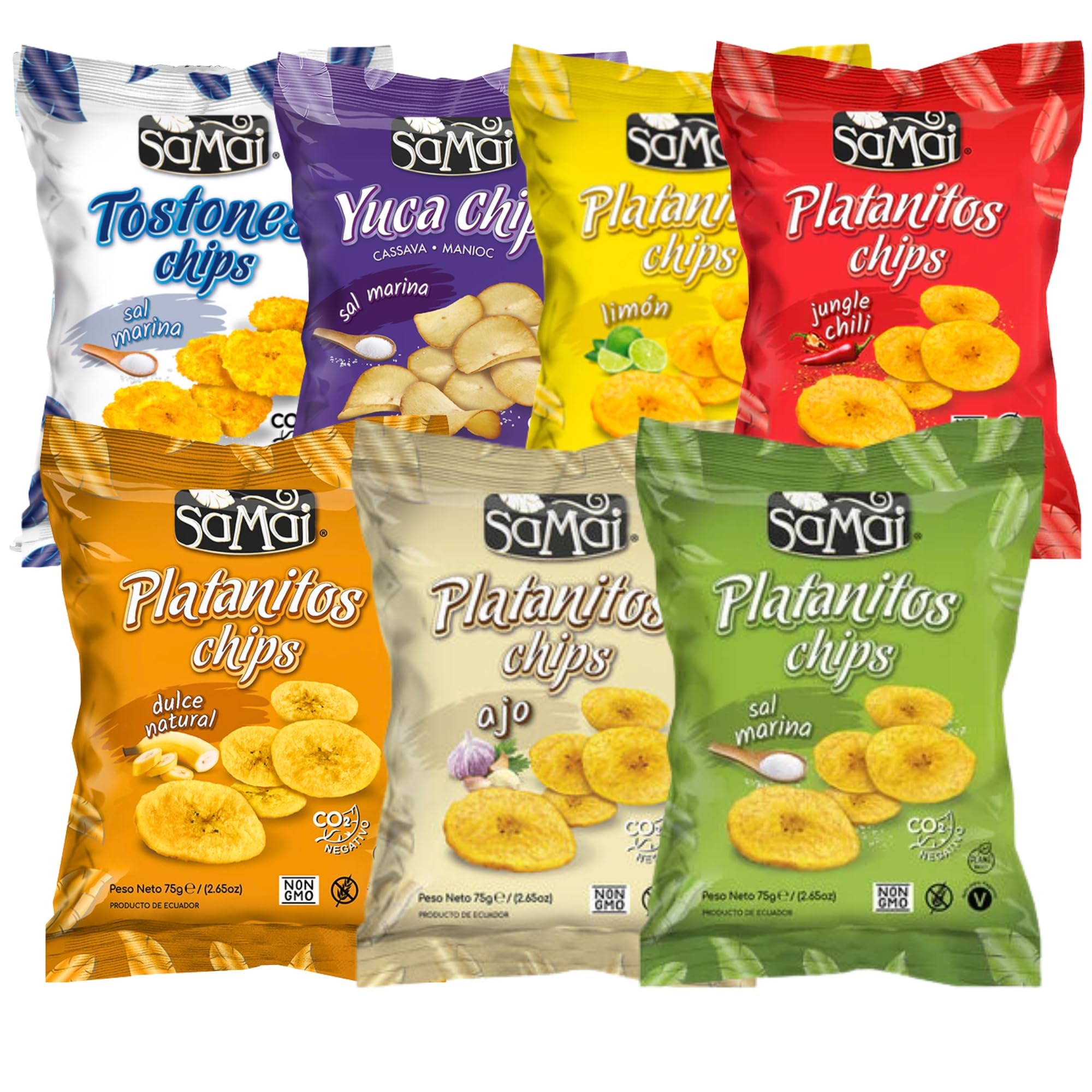 Tostones SAMAI Chips de Plátano con Sal Marina - Pack 15 Bolsas x 60g (900g Total) - Snack Natural Sin Gluten - Patacones Crujientes - Aceite de Palma Sostenible