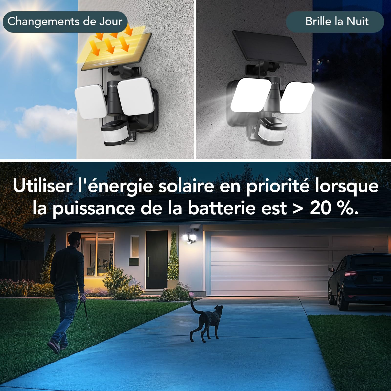 Linkind Projecteur Led Extérieur Connectée à Double Alimentation, Lampe 25W/3000LM Alimenté par Solaire & CA, Applique Extérieure IP65 avec Détecteur de Mouvement, Minuterie & Veilleuse RGB