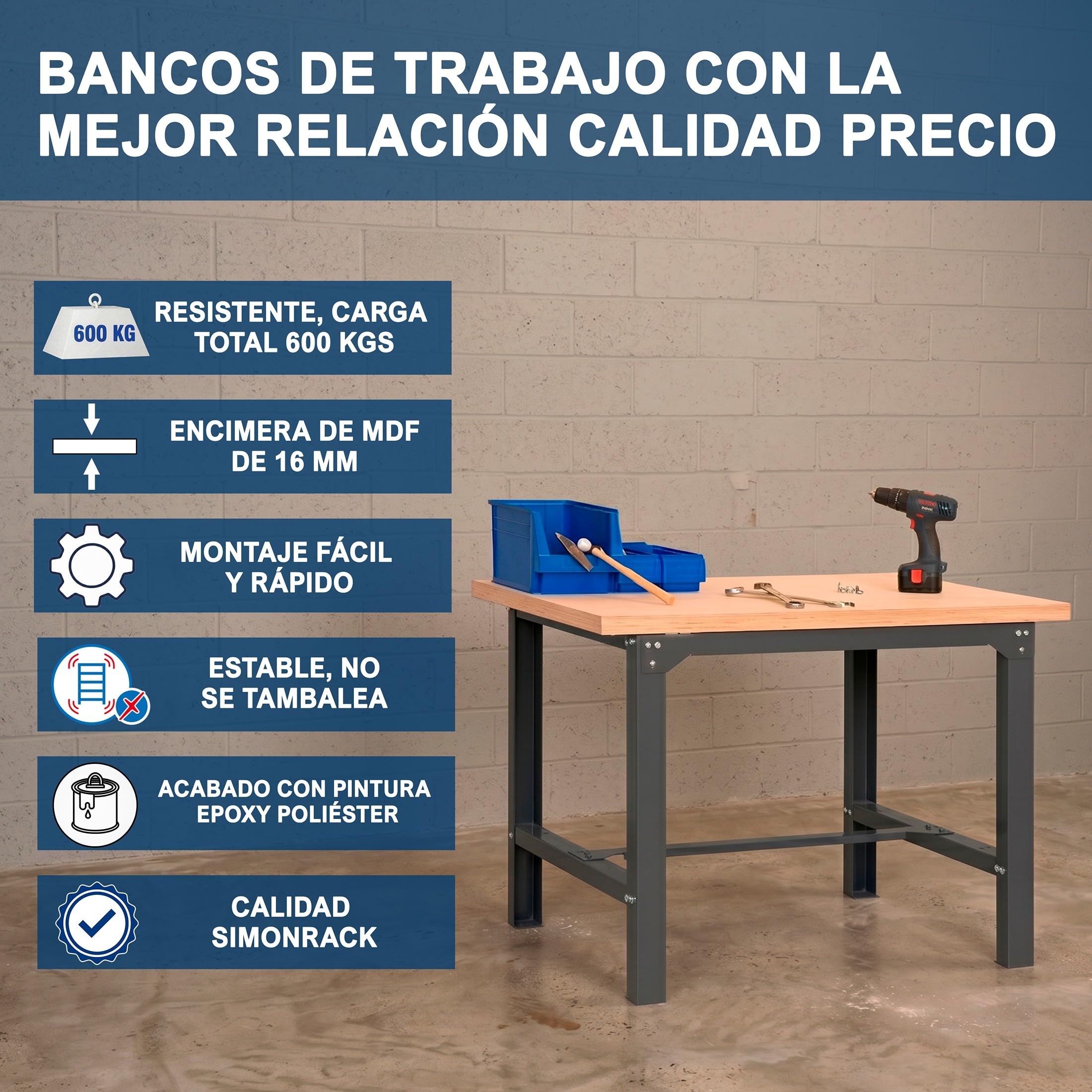 Simon Rack Mesa de Trabajo Taller 1200x750 mm - BT6 | Tablero MDF 35 mm, Pintura anticorrosión, Capacidad Carga 600 kg, Gris
