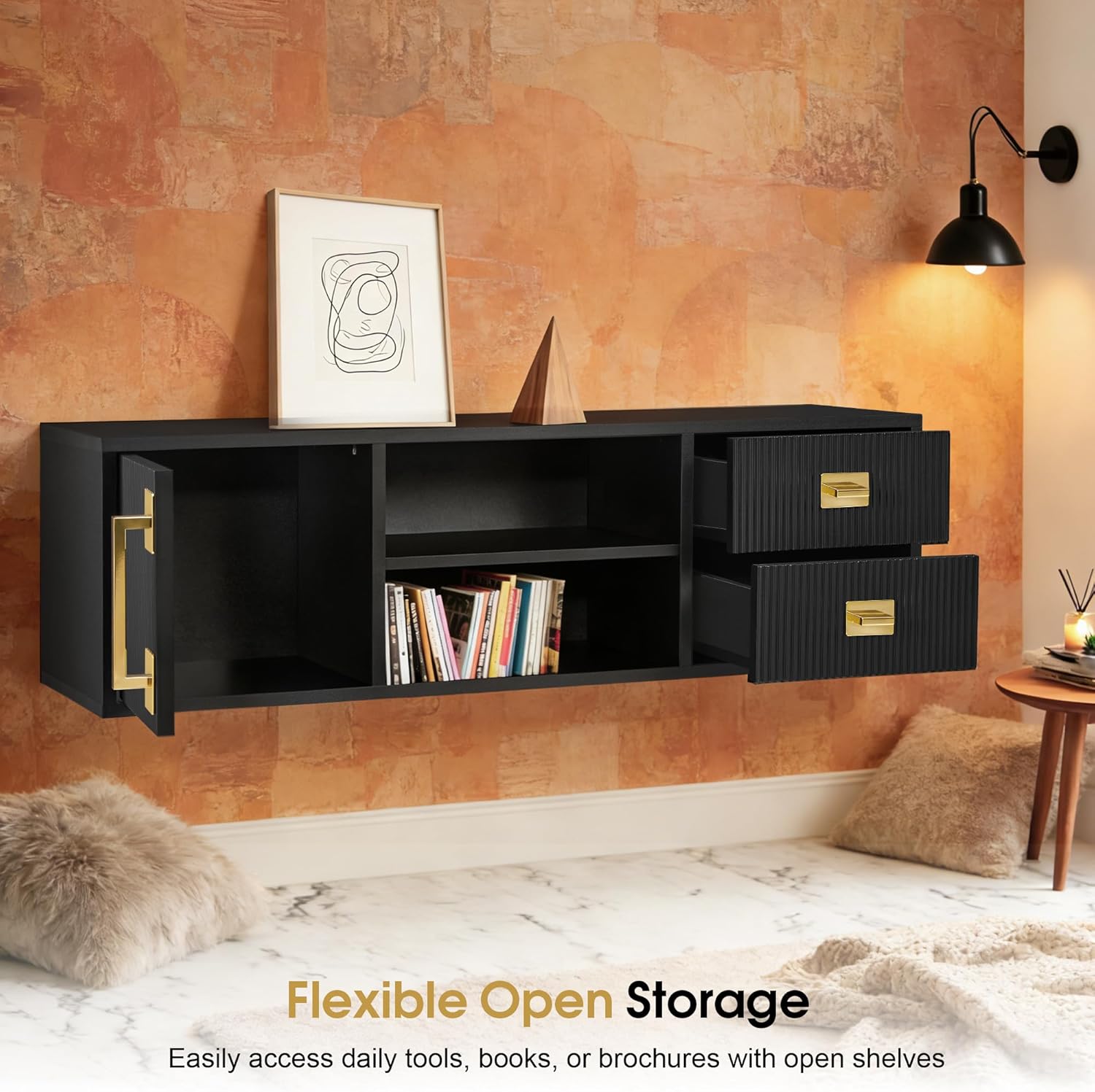 BarberPub Wall-Mounted Barber Station with Golden Handles, Storage Drawers, Open Shelves, Modern Hanging Storage Organizer for Barber Shop or Salon 2504