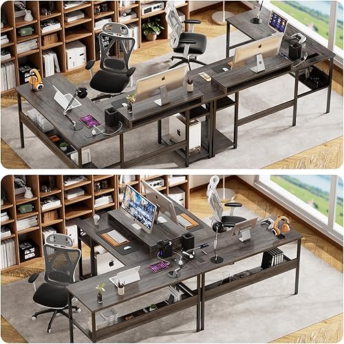 Miniatura 4 de Unikito Escritorio reversible en forma de L con tomas de corriente y luz LED RGB, escritorio robusto para computadora con soporte ergonómico para