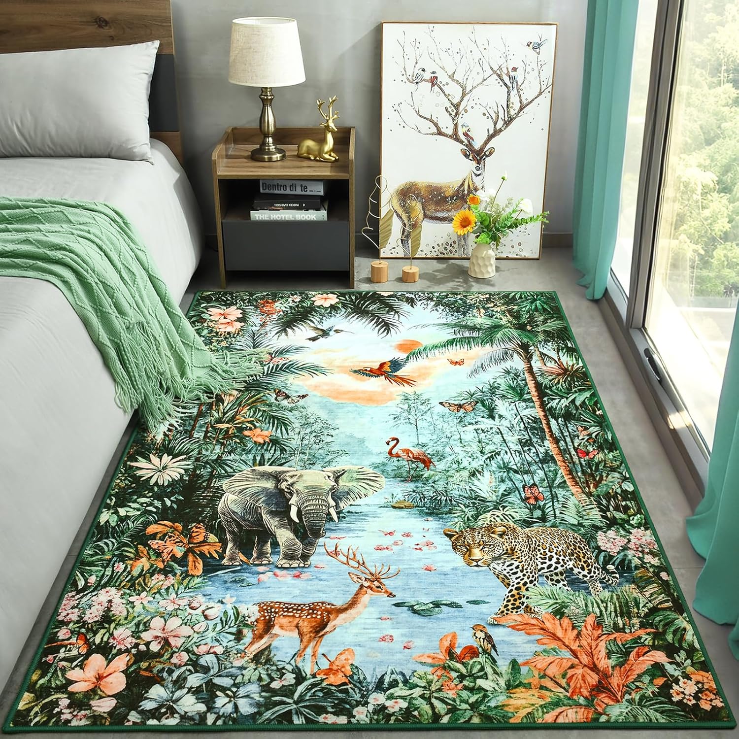 Amearea Jungle Print Small Area Rug for Living Room, Soft 3x5 Feet Washable Green Rugs for Bedroom, Forest Animal Rug Low Pile Kids Nursery Room Rug Carpet for Boys Girls Playroom Nursery Office Decor
