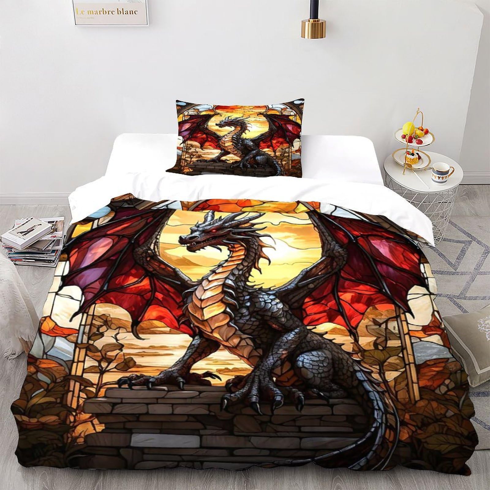 Housse de couette dragon 135x200cm en microfibre douce avec sa taie d'oreiller pour lit simple