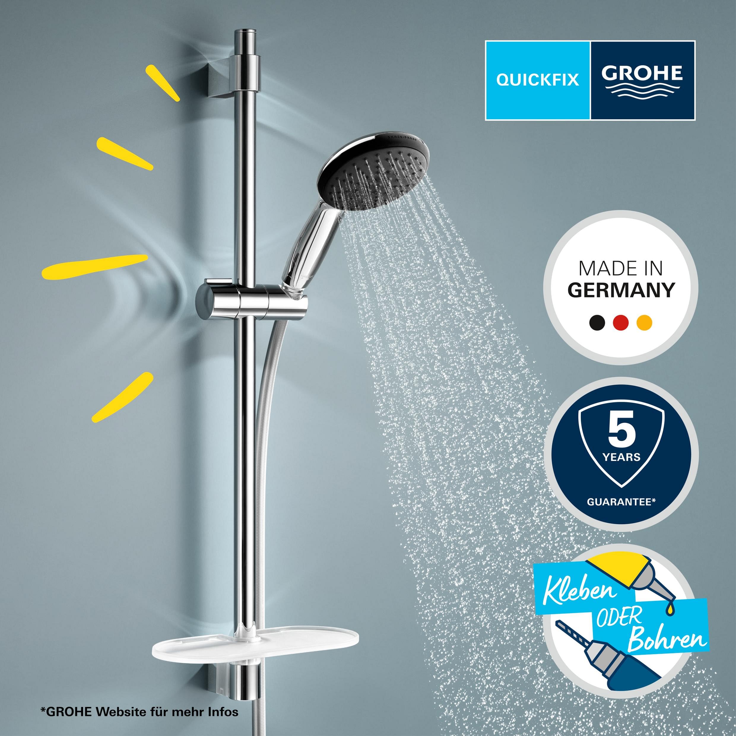 GROHE Vitalio Start 110 26952001 zestaw prysznicowy (okrągły prysznic ręczny 11 cm, 2 spraye: deszcz i strumień, system zapobiegający osadzaniu się kamienia, wąż prysznicowy 1,75 m, szyna 60 cm z