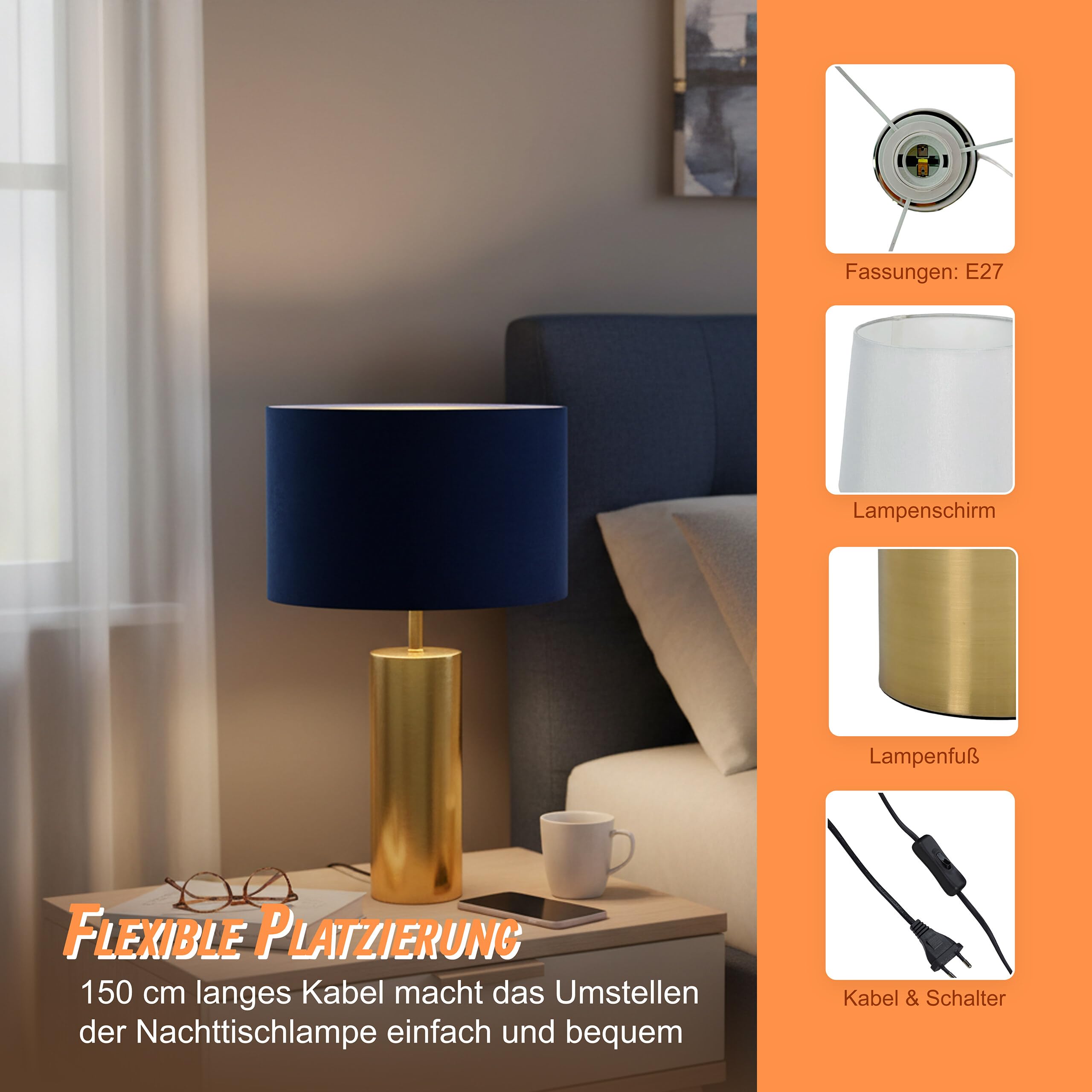 Relaxdays Tischlampe, Samtschirm & Metallfuß, E27, HD 51x32 cm, Nachttischlampe mit Kabel, Schlafzimmer, dunkelblau/Gold