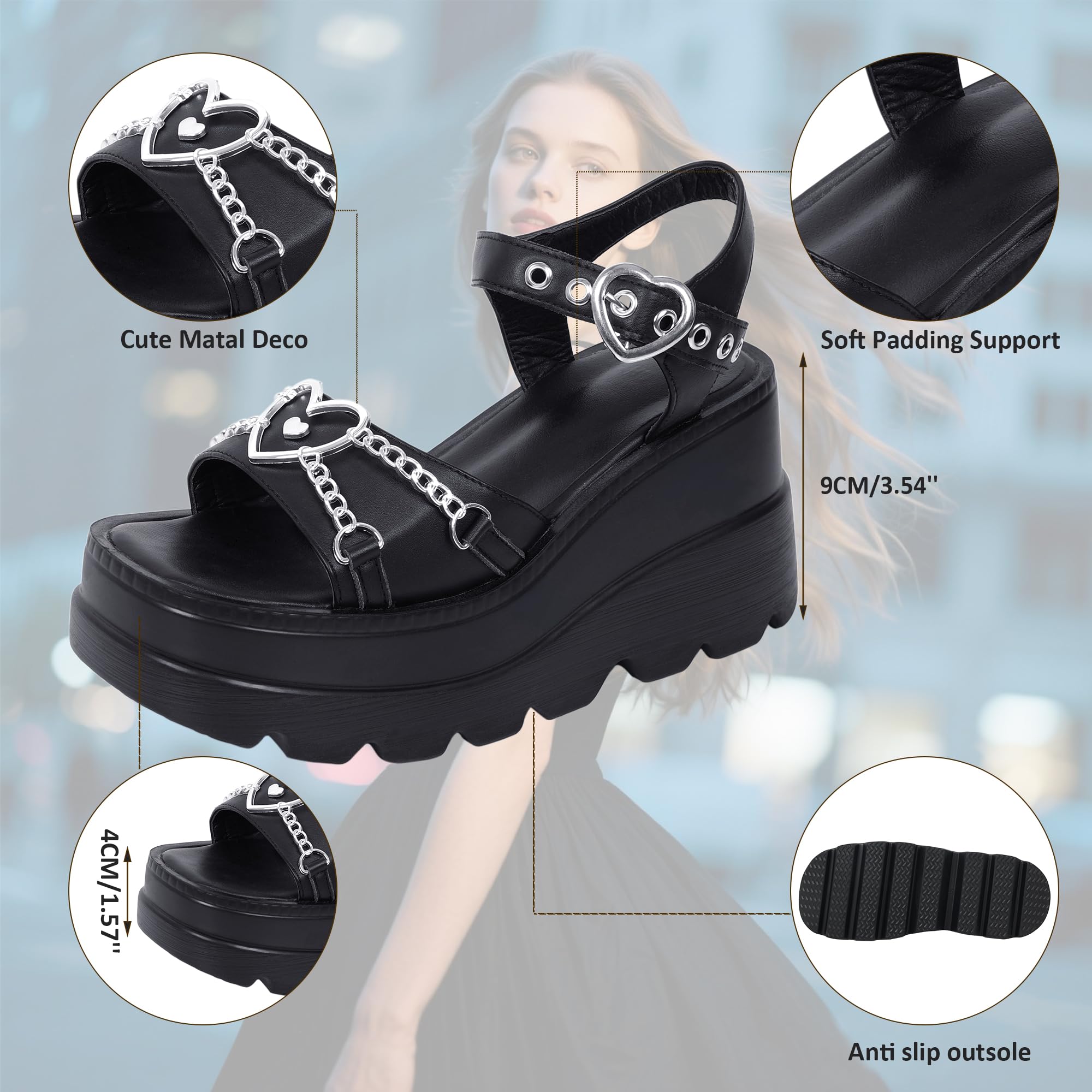 Gothniero women black platform sandals goth chunky wedge heel summer sandals girls gothic punk platform sandals for women metallic spider buckles slides size 5.5-11: 6 Black2
