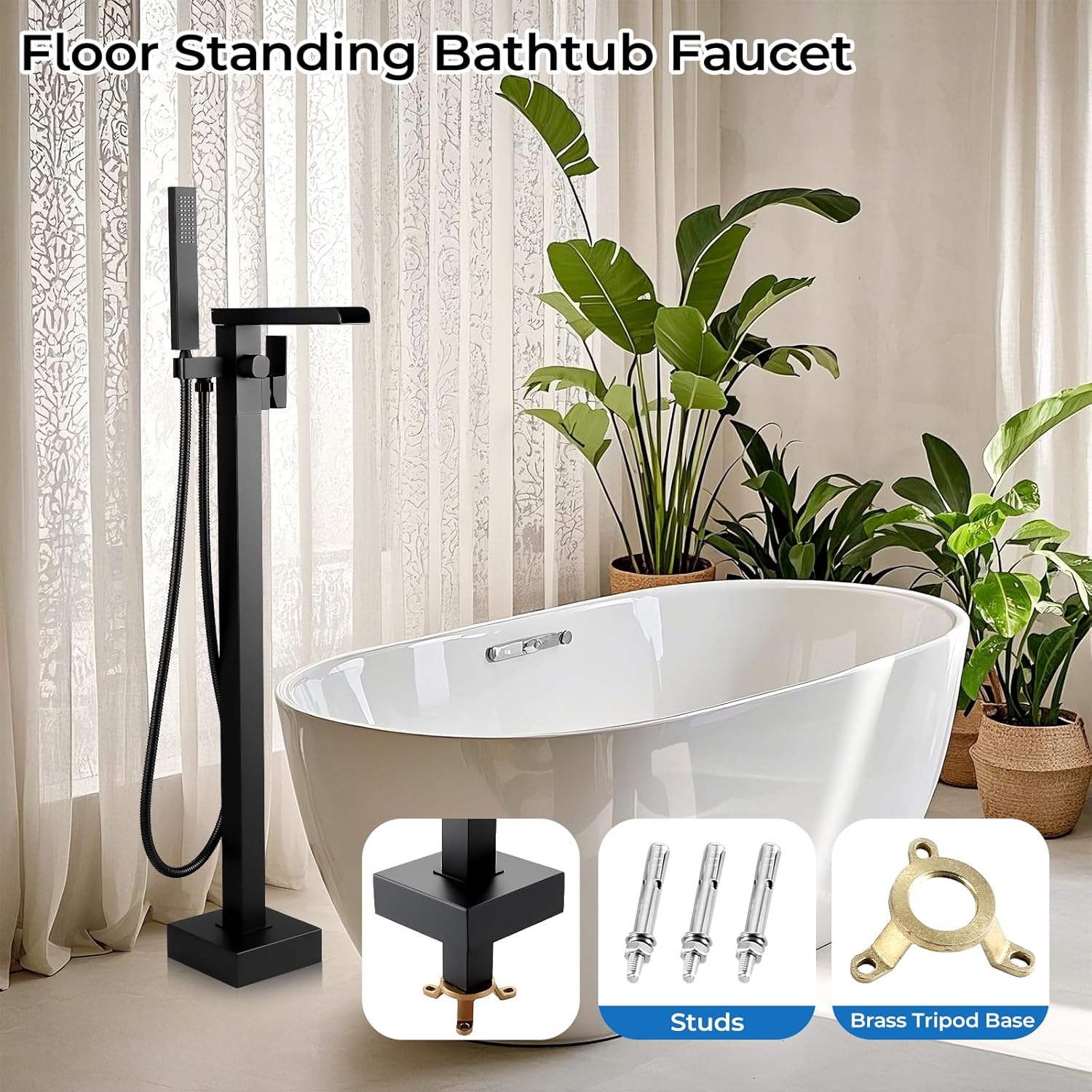 Package contents including faucet, studs, and brass tripod base