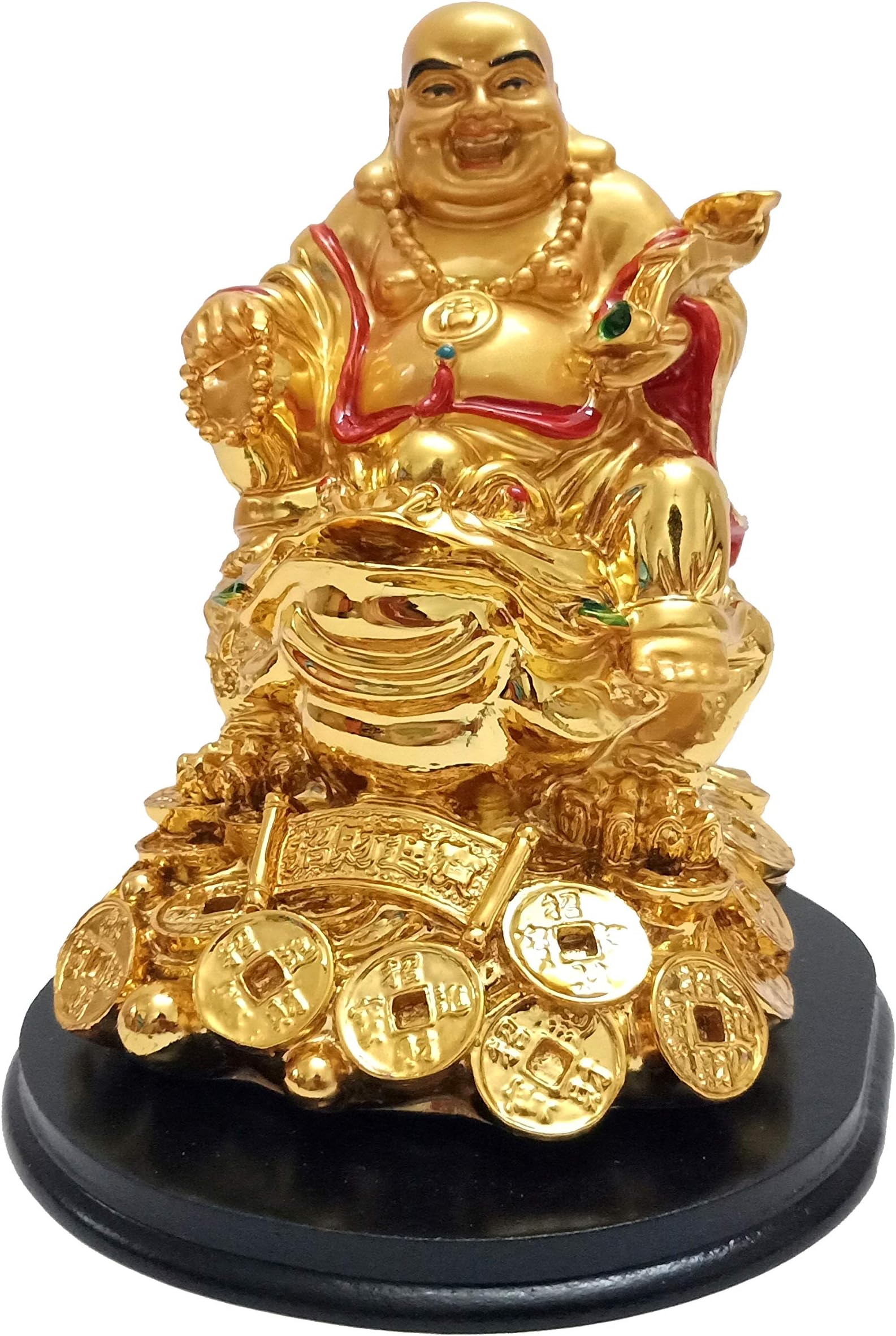 Indian Handicrafts Lucky Feng Shui Golden Laughing Buddha on Money Frog Money Toad Statue Figurine for Wealth and Good Luck