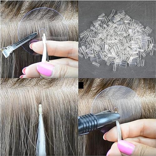 Miniatura 5 de 1000 extensiones de cabello, tubos termorretráctiles de 0.394 in de largo, anillos de extensiones de cabello (1000 unidades, transparentes)