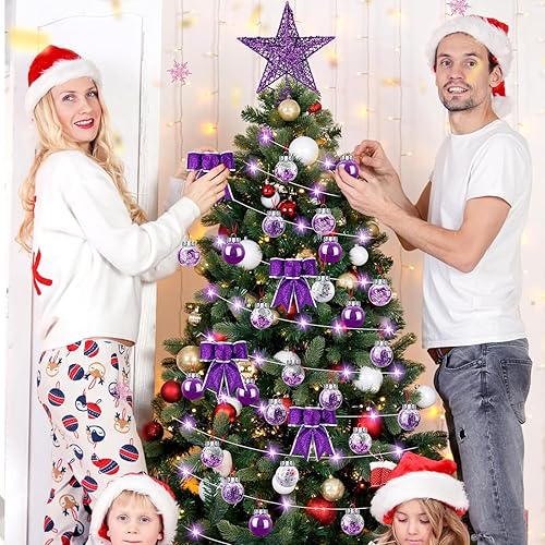 Miniatura 4 de Hiboom Juego de 48 piezas de decoraciones de árbol de Navidad morado, estrella de purpurina, topper de árbol con lentejuelas, falda de árbol de