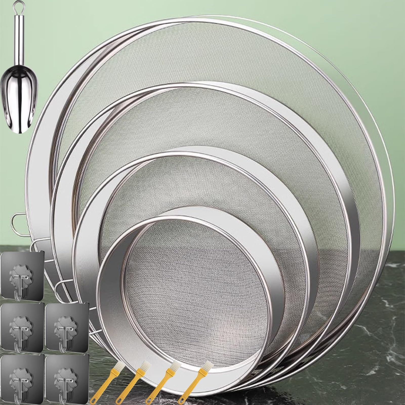 Setaccio in acciaio inox 304, set da 4 pezzi, setaccio per farina, setaccio a maglia fine, setaccio per farina o scolapasta (60 maglie)