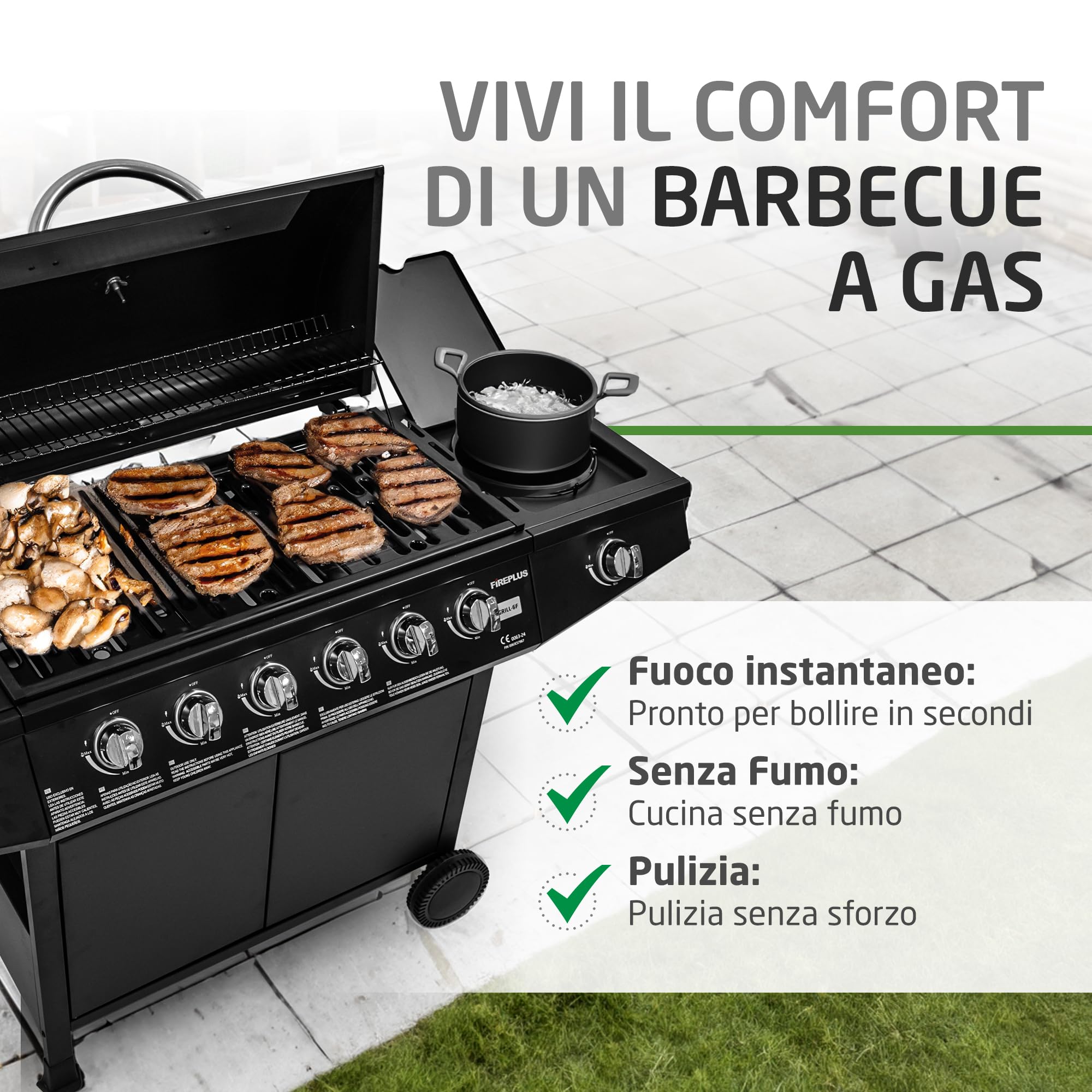 Barbecue a gas Fireplus 6+1 12,9 kW Acciaio inox nero GRILL-6F 7 bruciatori 138x52x103 cm