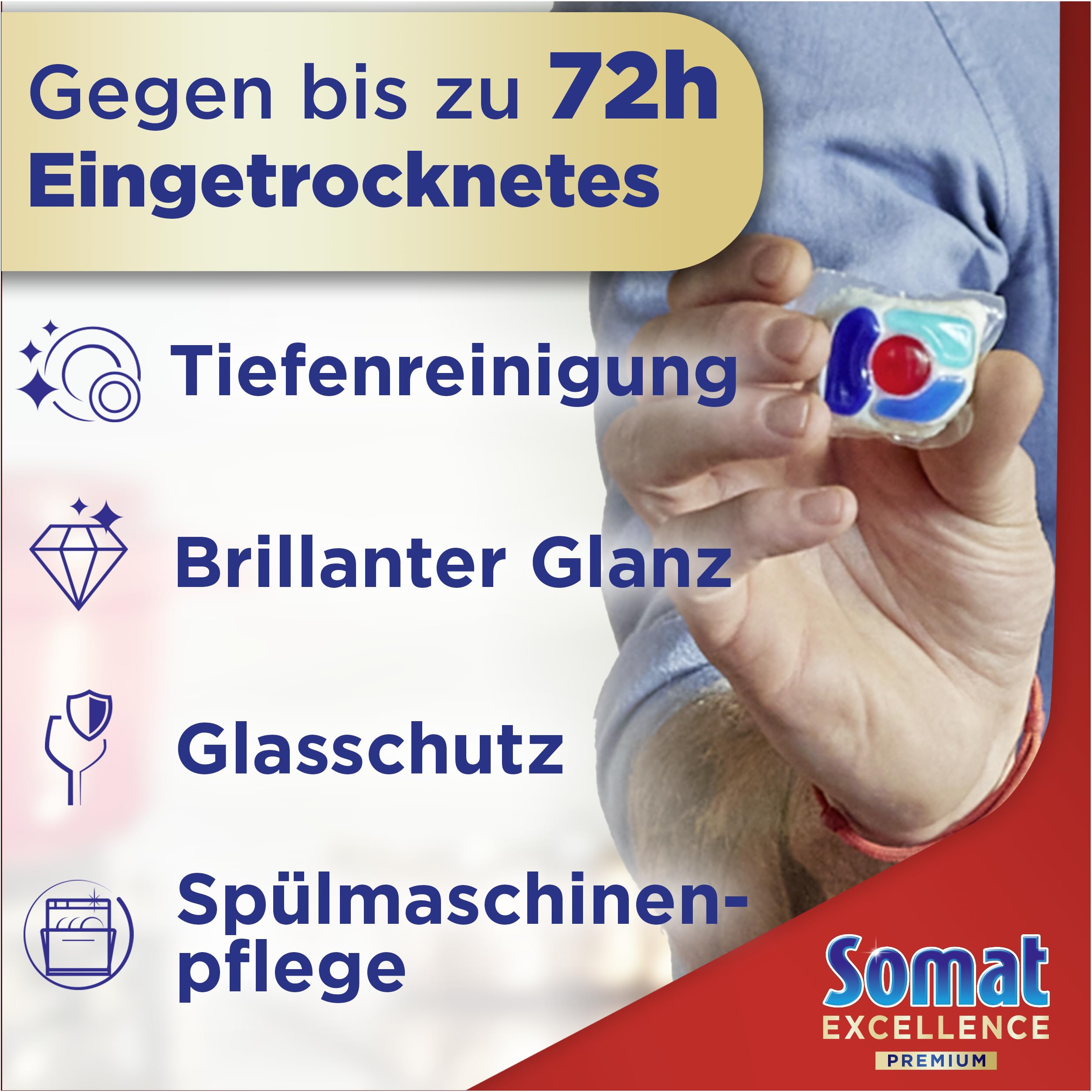 Somat Excellence Premium 5 en 1 Caps (134 Caps), pastillas para lavavajillas de liberación rápida con Extra Boost, Somat Caps eliminan incluso 72 h de restos de comida secos y persistentes