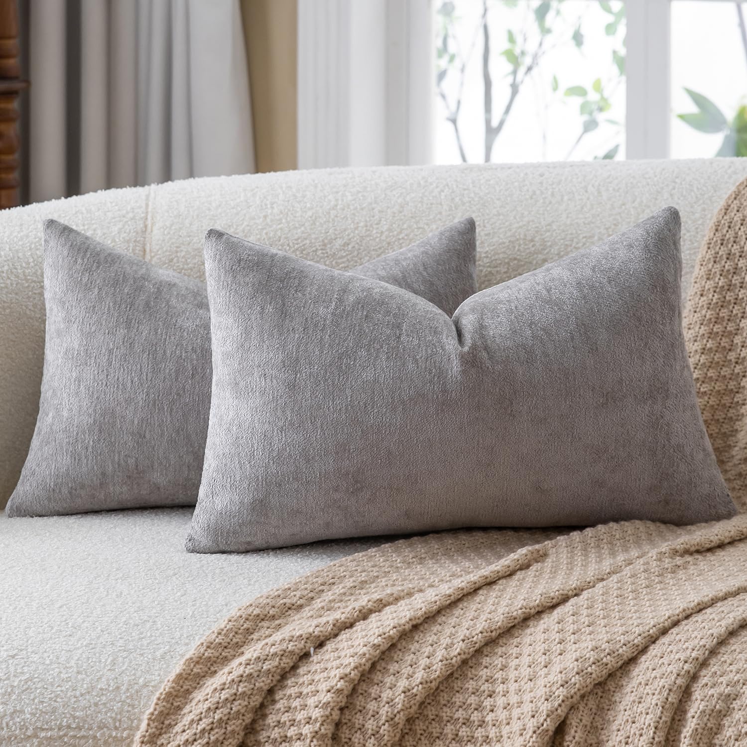 Mandioo Chenille Gray Cushion Covers 40x80cm 16x32 Inch Set of 2, Decorative Soft Thick Couch Pillow Covers Solid Accent Farmhouse Neutral Throw Pillow Cases for Sofa Bed Living Room โ image 1